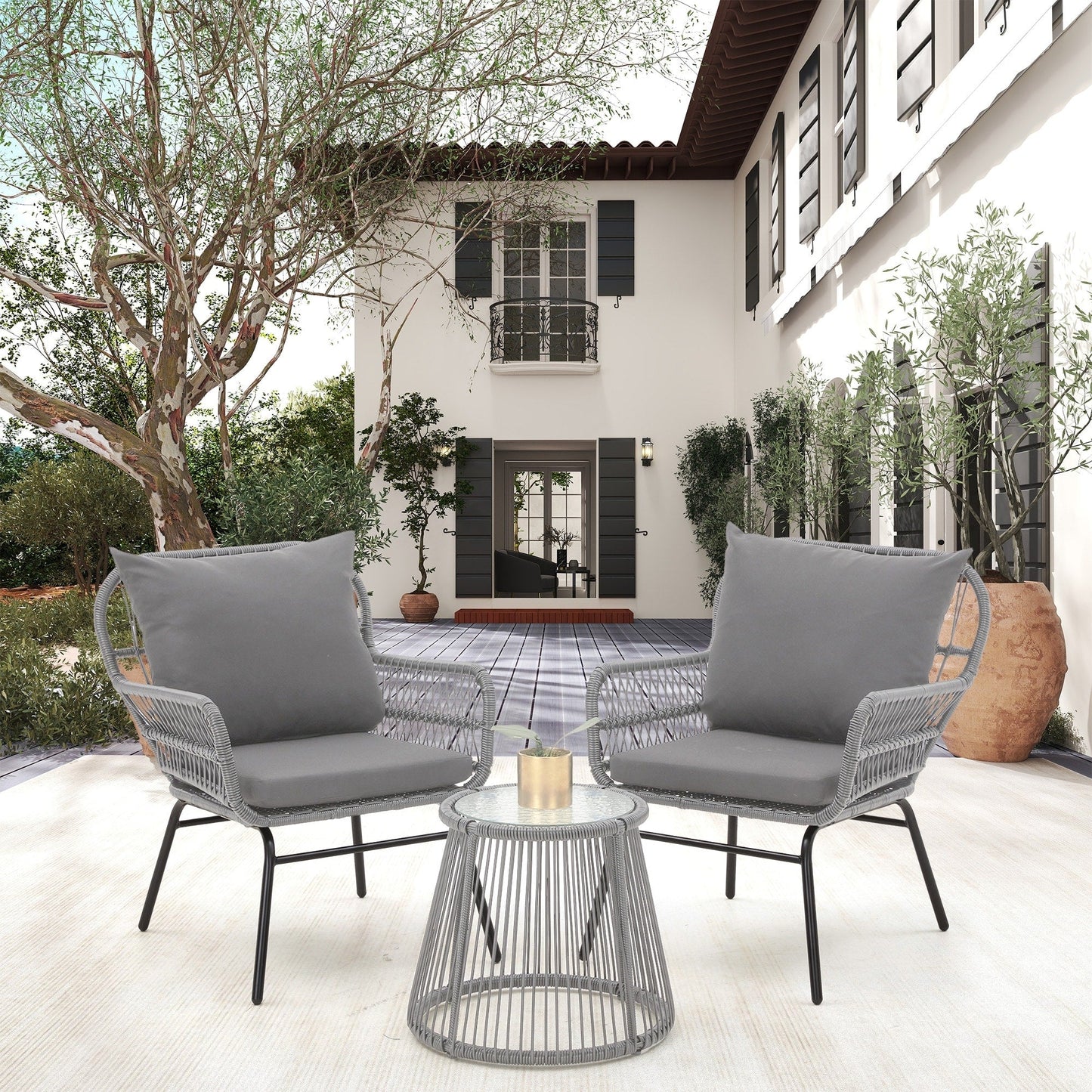 Ensemble de bistrot de jardin 3 pièces en rotin avec table en verre, 2 fauteuils larges et coussins d'assise