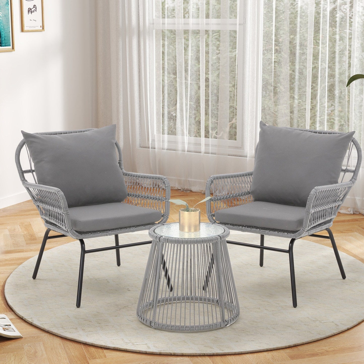 Ensemble de bistrot de jardin 3 pièces en rotin avec table en verre, 2 fauteuils larges et coussins d'assise