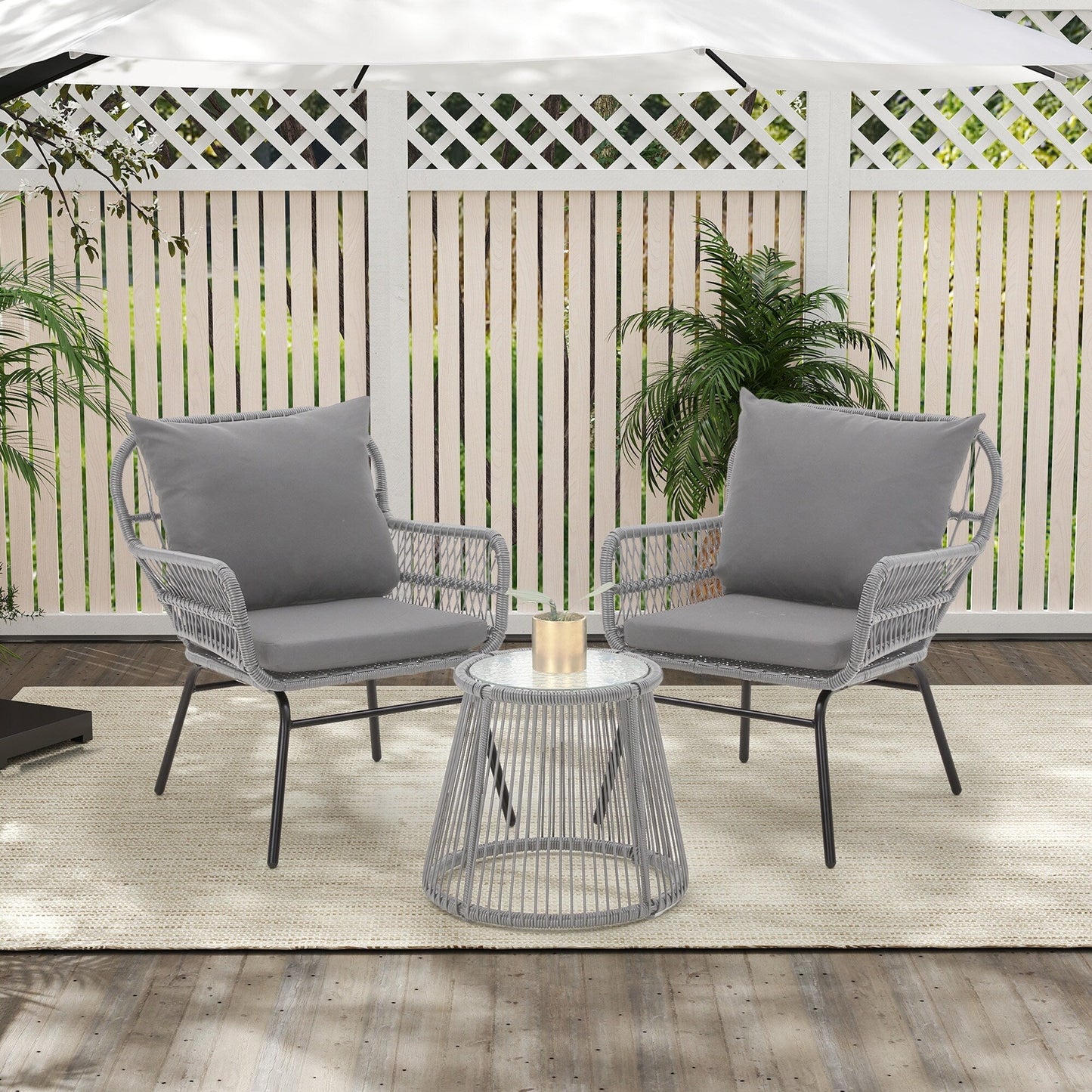 Ensemble de bistrot de jardin 3 pièces en rotin avec table en verre, 2 fauteuils larges et coussins d'assise