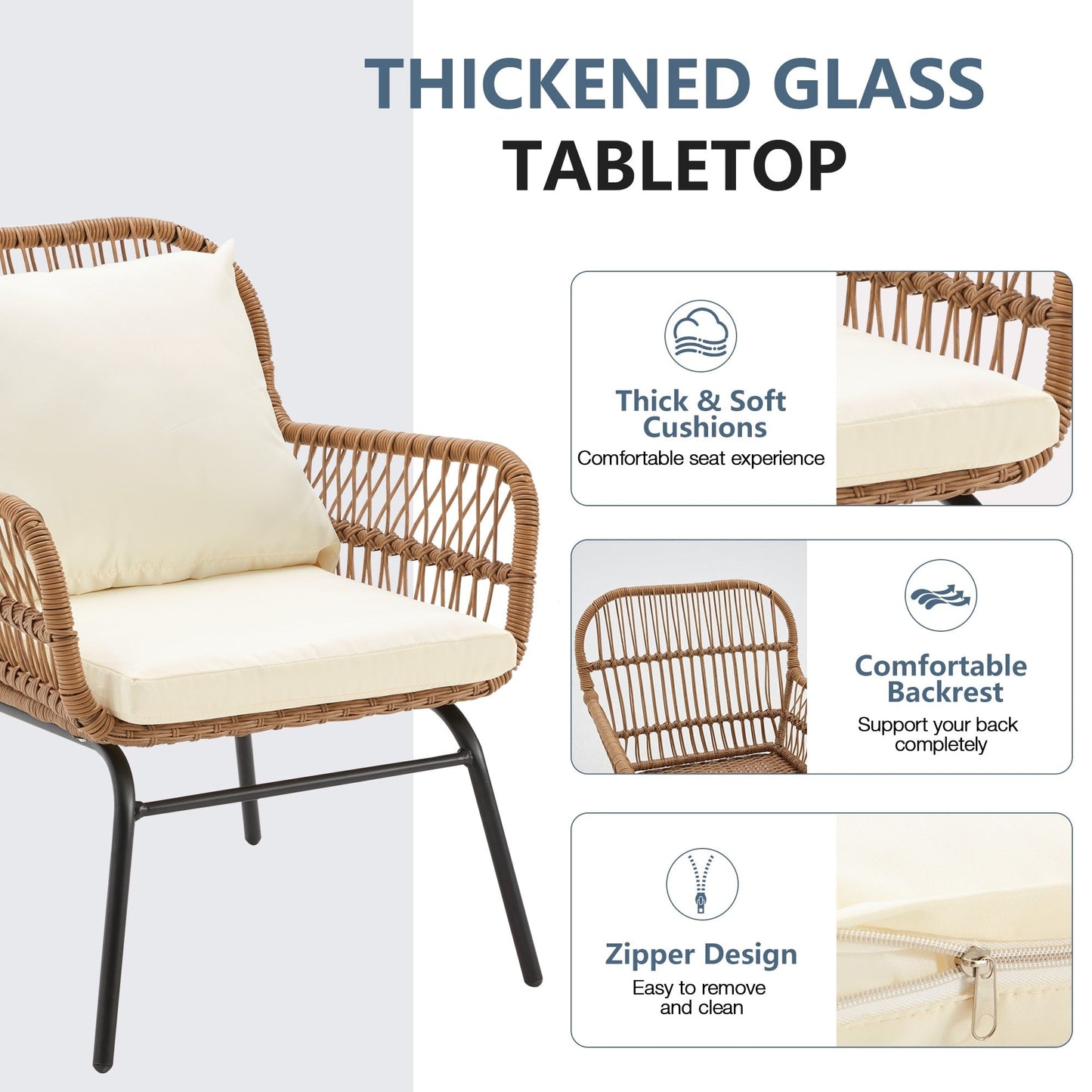Ensemble de bistrot de jardin 3 pièces en rotin avec table en verre, 2 fauteuils larges et coussins d'assise