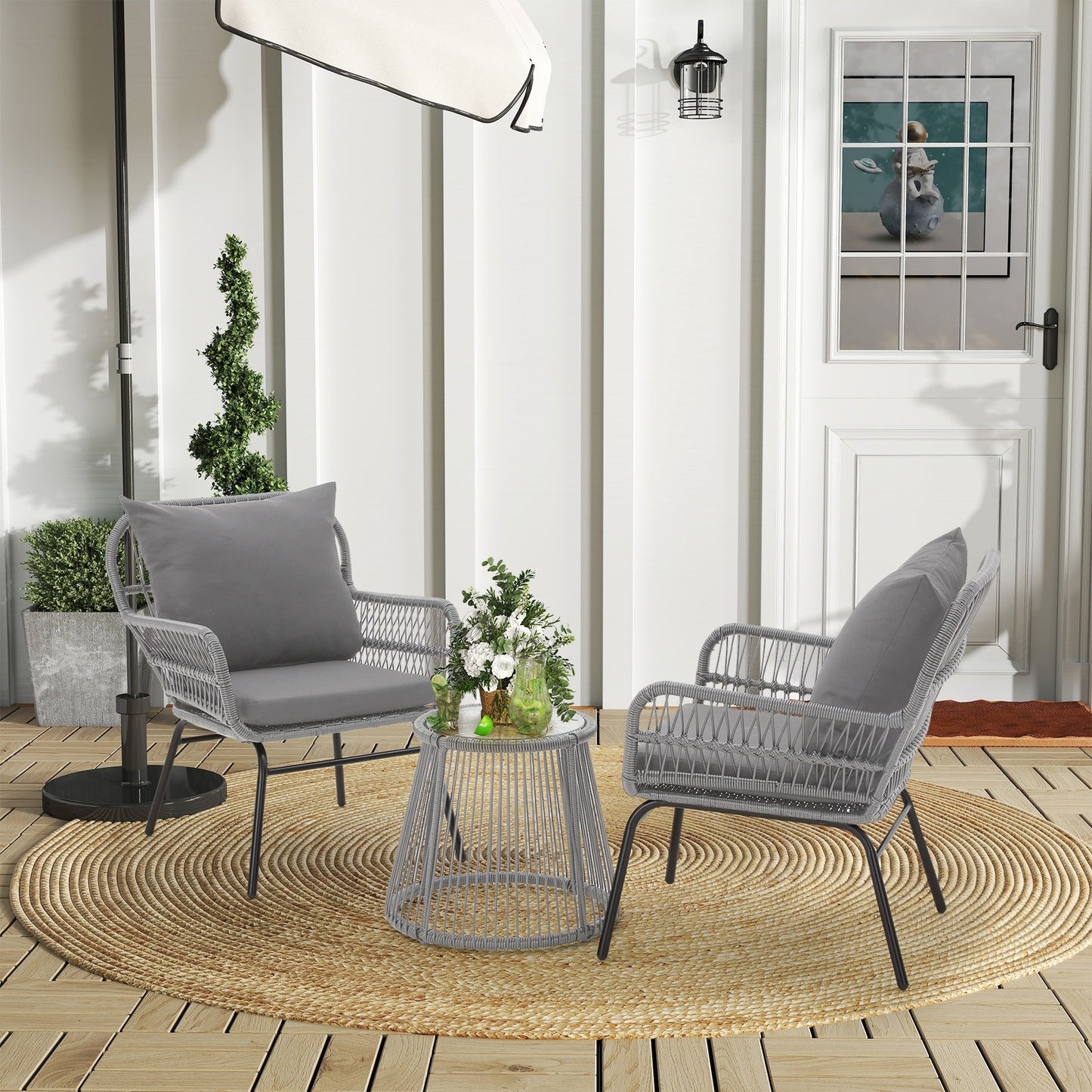 Ensemble de bistrot de jardin 3 pièces en rotin avec table en verre, 2 fauteuils larges et coussins d'assise