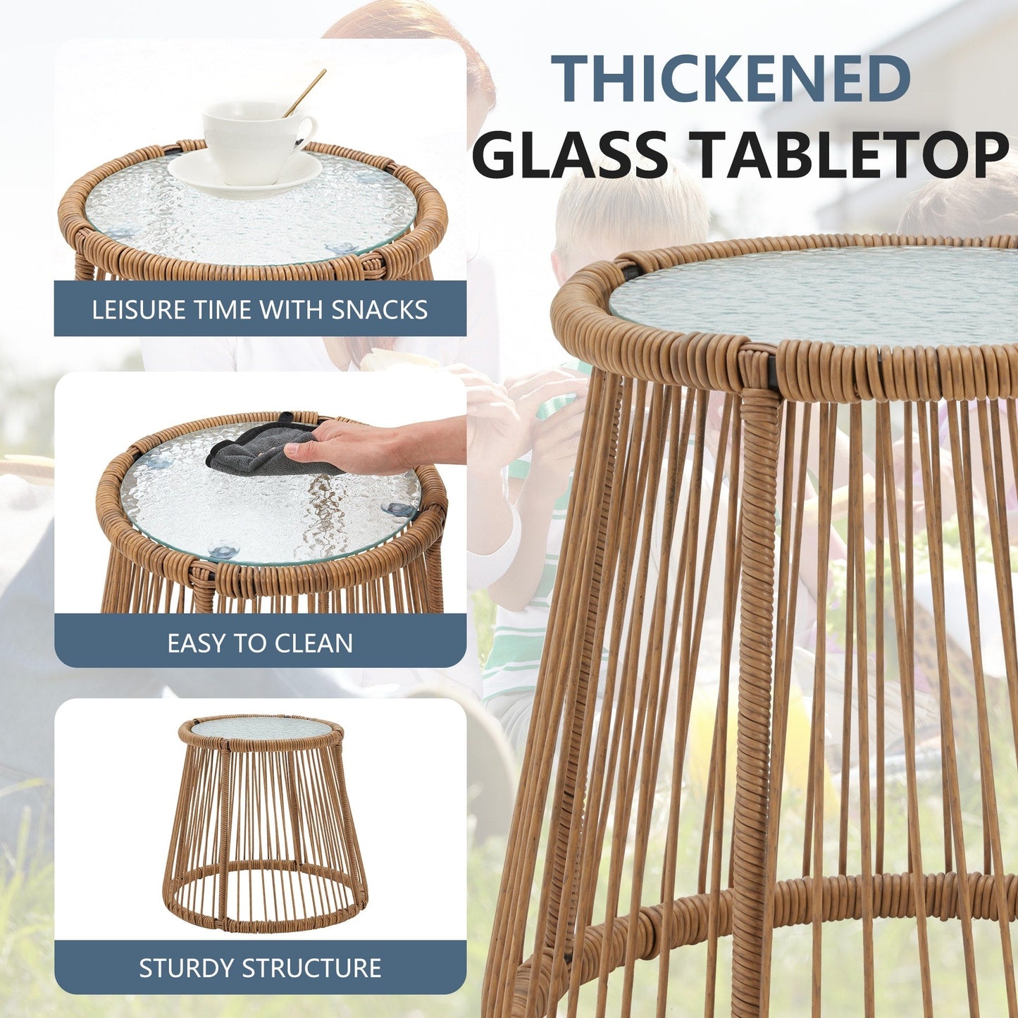 Ensemble de bistrot de jardin 3 pièces en rotin avec table en verre, 2 fauteuils larges et coussins d'assise