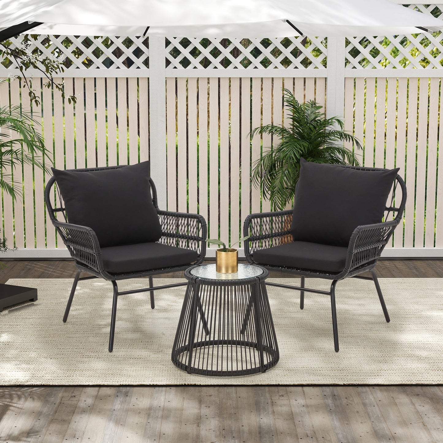 Ensemble de bistrot de jardin 3 pièces en rotin avec table en verre, 2 fauteuils larges et coussins d'assise