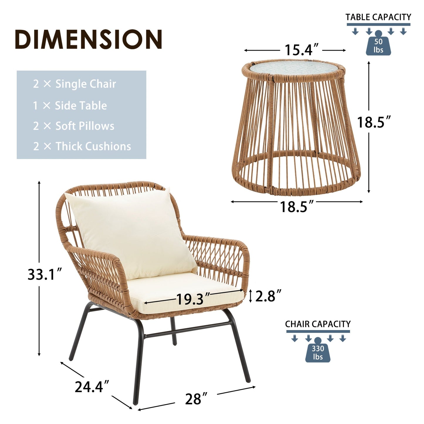 Ensemble de bistrot de jardin 3 pièces en rotin avec table en verre, 2 fauteuils larges et coussins d'assise