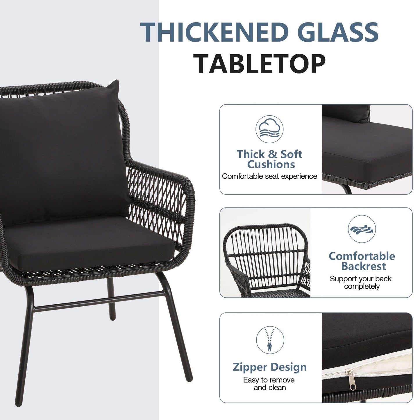 Ensemble de bistrot de jardin 3 pièces en rotin avec table en verre, 2 fauteuils larges et coussins d'assise