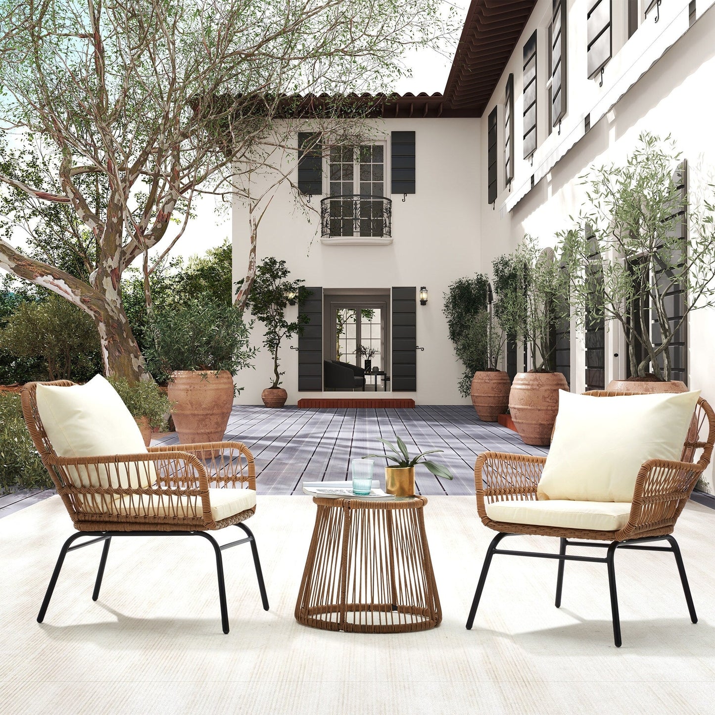 Ensemble de bistrot de jardin 3 pièces en rotin avec table en verre, 2 fauteuils larges et coussins d'assise