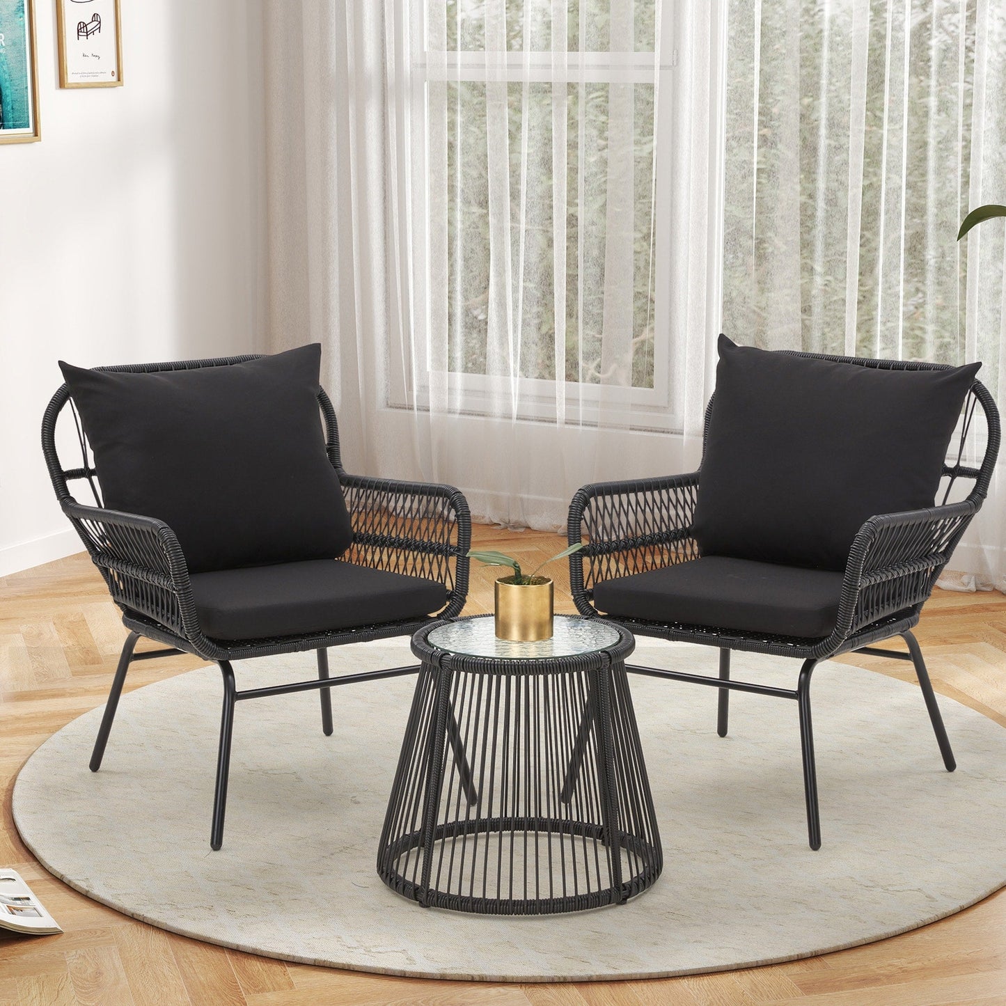 Ensemble de bistrot de jardin 3 pièces en rotin avec table en verre, 2 fauteuils larges et coussins d'assise