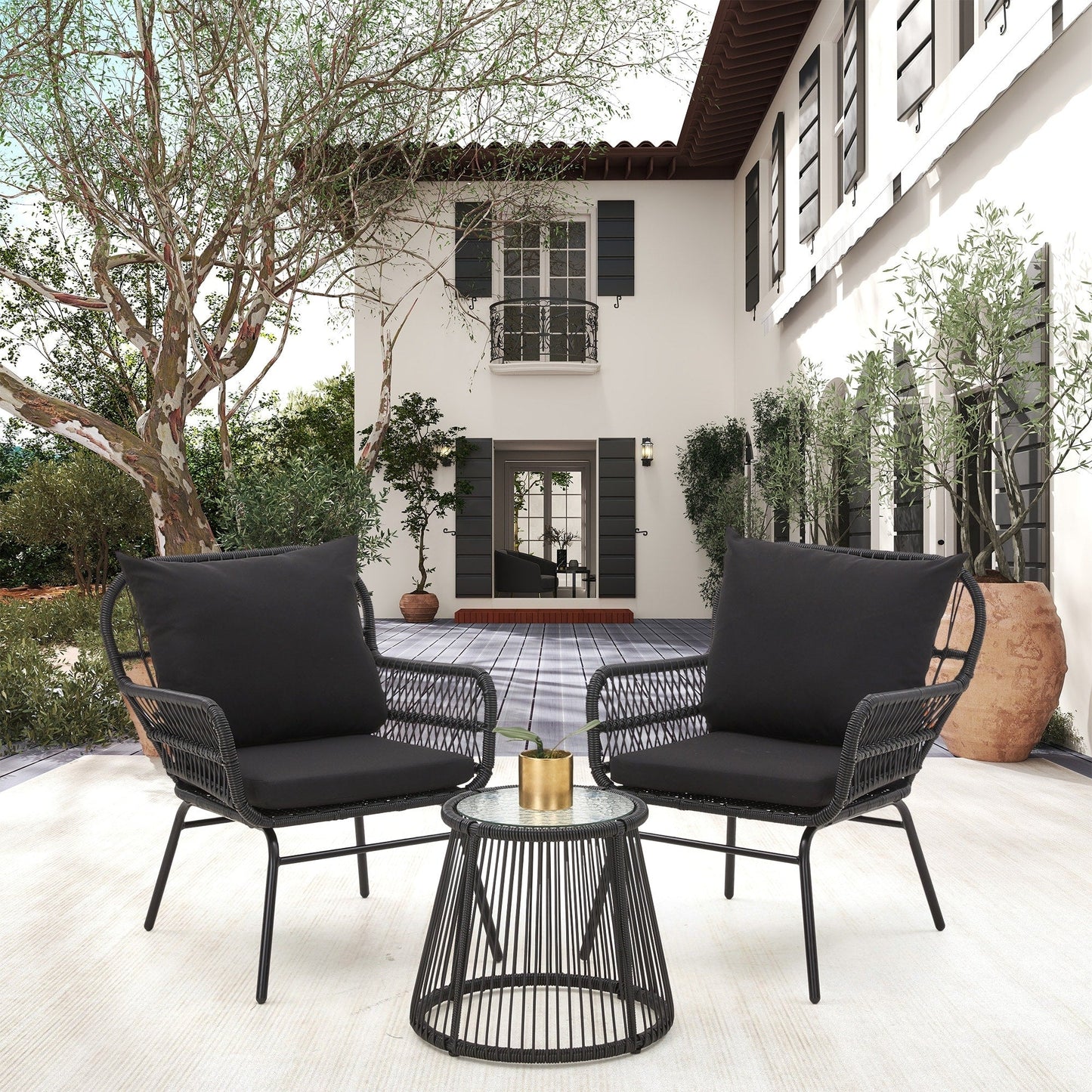 Ensemble de bistrot de jardin 3 pièces en rotin avec table en verre, 2 fauteuils larges et coussins d'assise