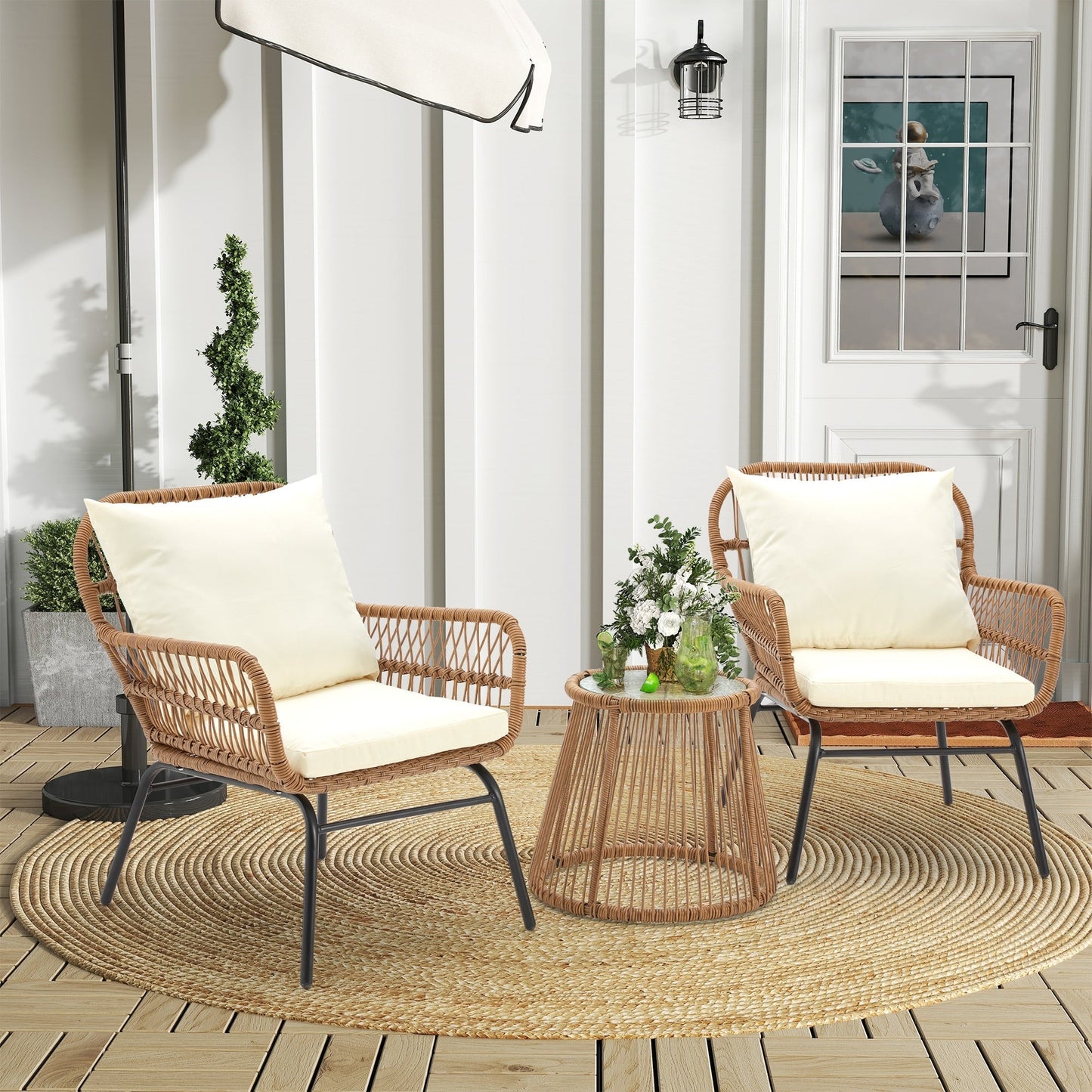Ensemble de bistrot de jardin 3 pièces en rotin avec table en verre, 2 fauteuils larges et coussins d'assise