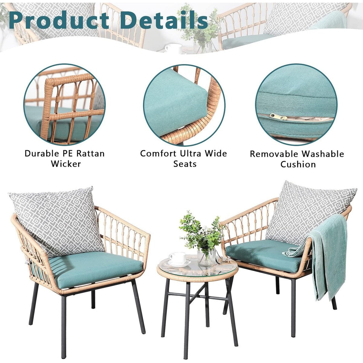 Ensemble de jardin 3 pièces avec table basse en bois trempé et chaises en osier pour jardin, balcon et arrière-cour