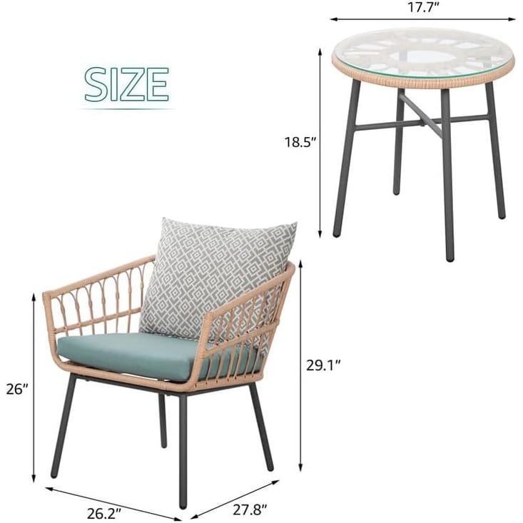 Ensemble de jardin 3 pièces avec table basse en bois trempé et chaises en osier pour jardin, balcon et arrière-cour