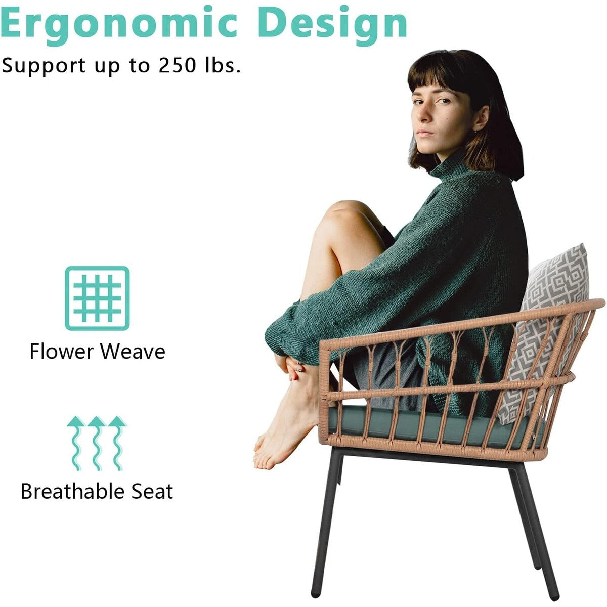 Ensemble de jardin 3 pièces avec table basse en bois trempé et chaises en osier pour jardin, balcon et arrière-cour