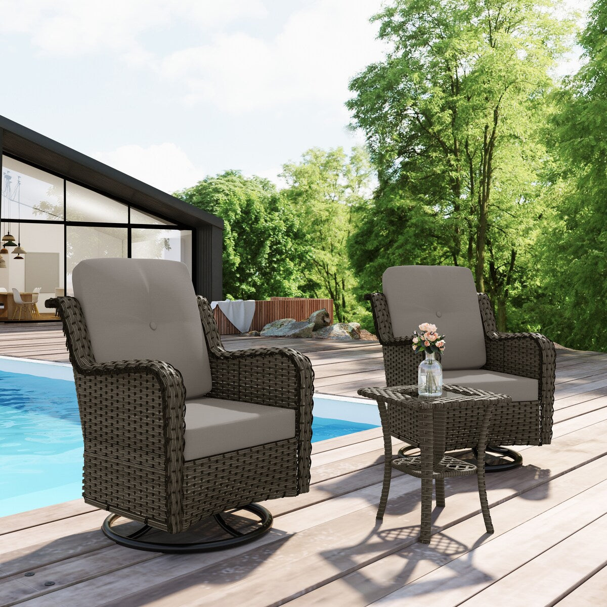 Ensemble de 3 chaises pivotantes à bascule rembourrées en rotin pour patio avec table d'appoint