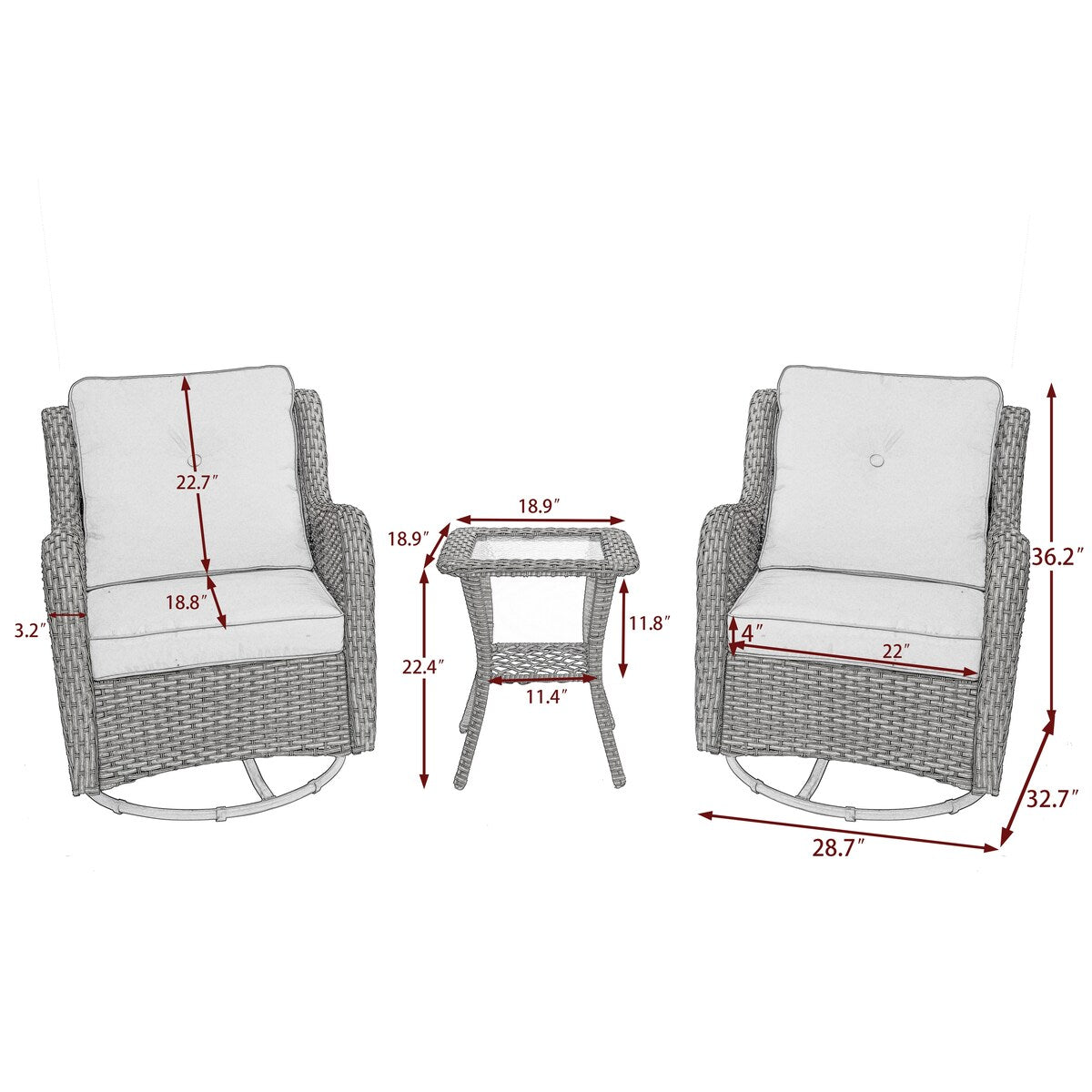 Ensemble de 3 chaises pivotantes à bascule rembourrées en rotin pour patio avec table d'appoint