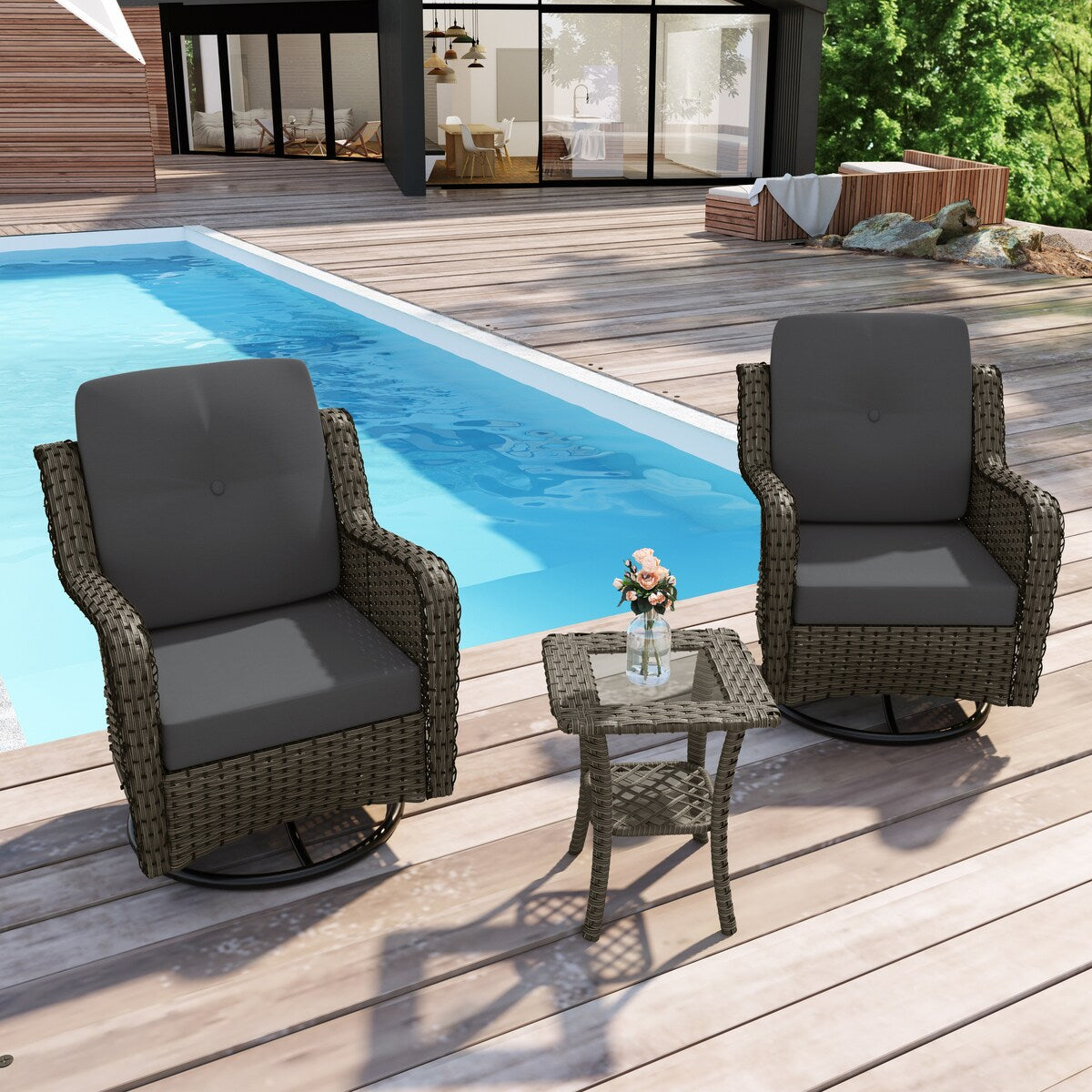 Ensemble de 3 chaises pivotantes à bascule rembourrées en rotin pour patio avec table d'appoint