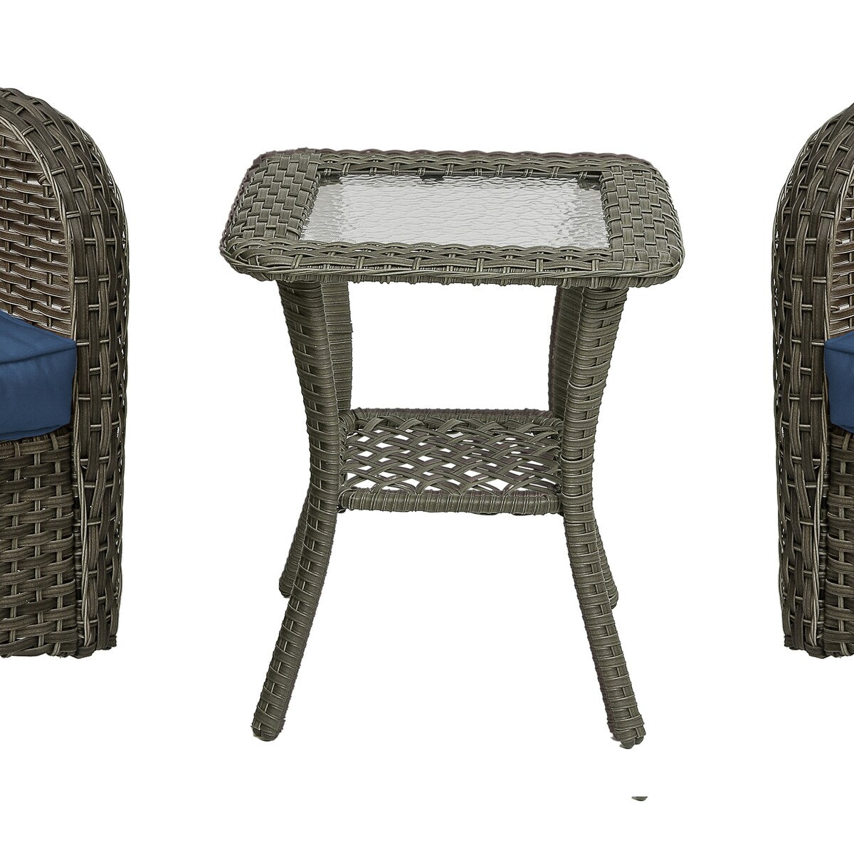 Ensemble de 3 chaises pivotantes à bascule rembourrées en rotin pour patio avec table d'appoint