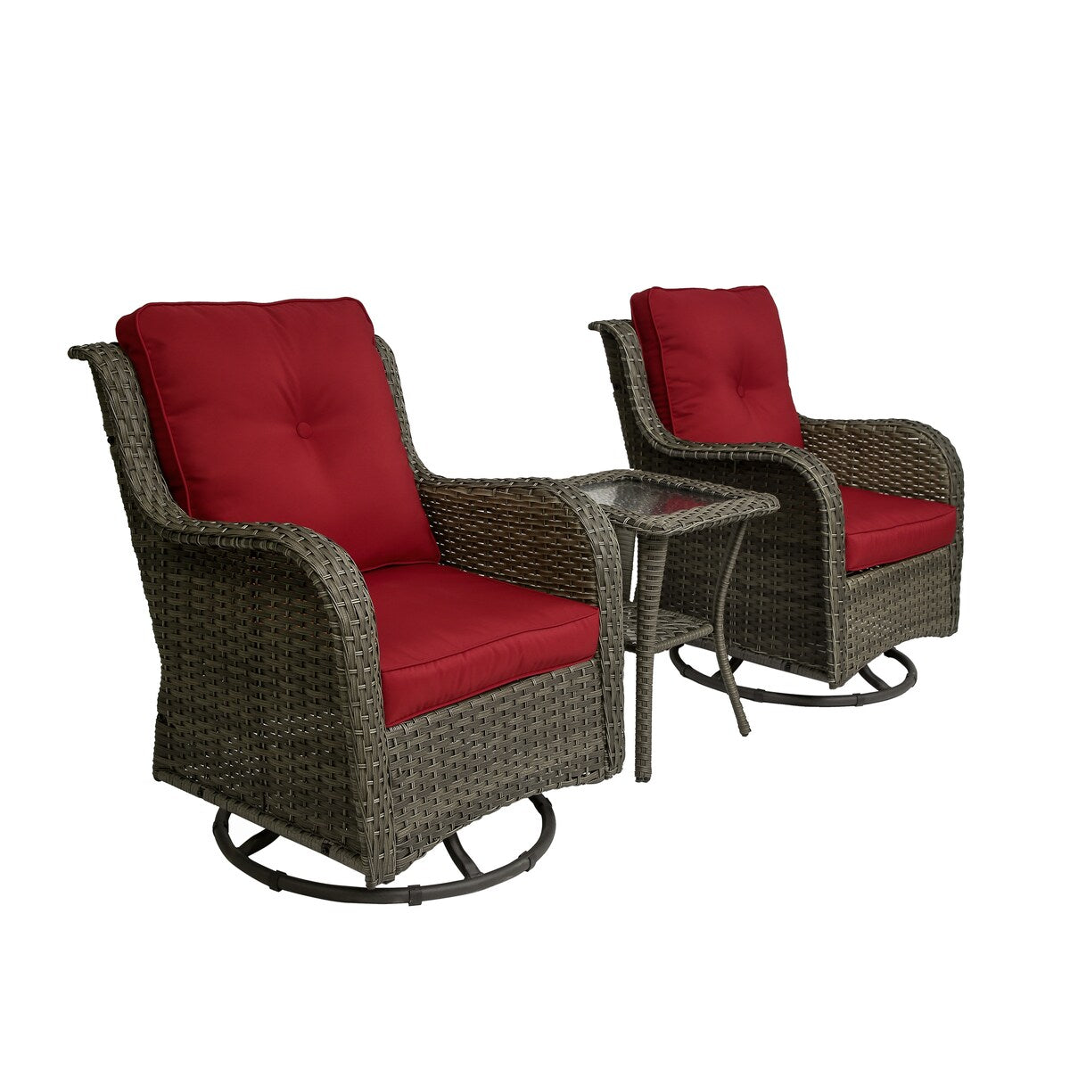 Ensemble de 3 chaises pivotantes à bascule rembourrées en rotin pour patio avec table d'appoint