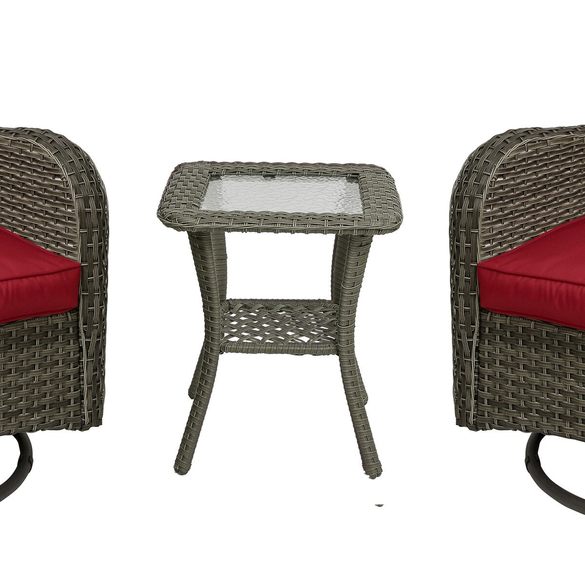 Ensemble de 3 chaises pivotantes à bascule rembourrées en rotin pour patio avec table d'appoint