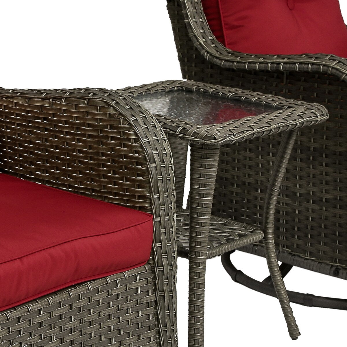 Ensemble de 3 chaises pivotantes à bascule rembourrées en rotin pour patio avec table d'appoint