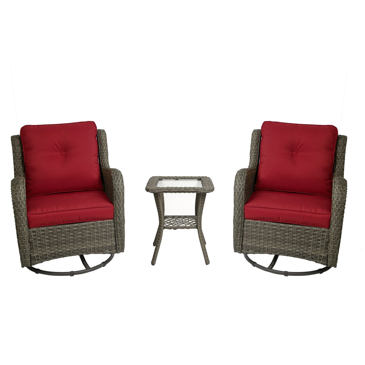 Ensemble de 3 chaises pivotantes à bascule rembourrées en rotin pour patio avec table d'appoint