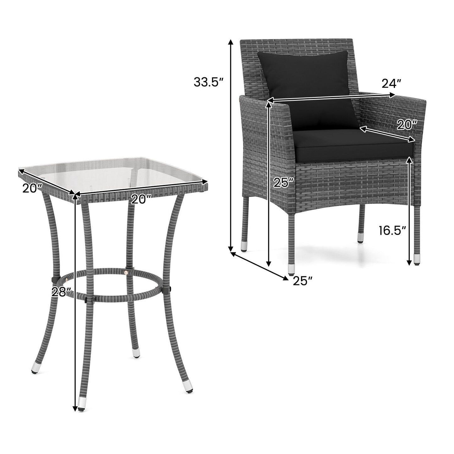 Ensemble de patio 3 pièces avec chaises rembourrées et table basse en verre - 20 x 20 x 28