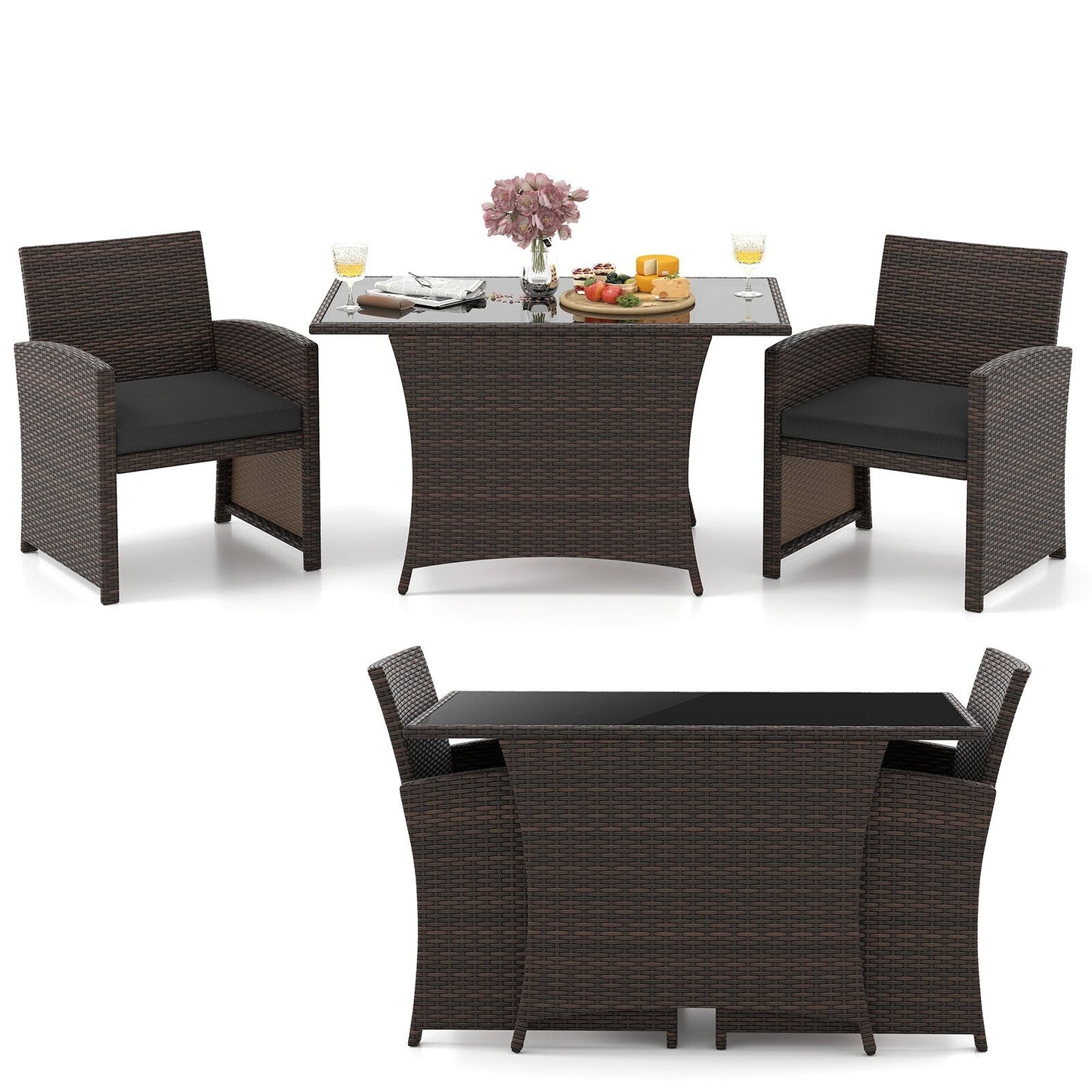 Ensemble de salle à manger 3 pièces en osier avec table en verre et chaises rembourrées - 25 x 23,5 x 31