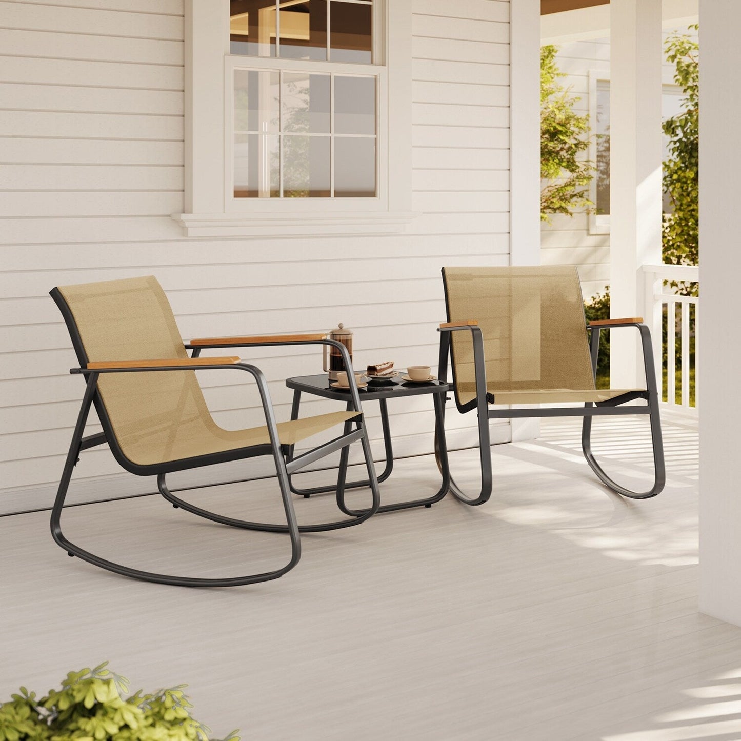 Ensemble bistrot à bascule 3 pièces, mobilier de jardin en tissu textilène, chaises à bascule pour porche