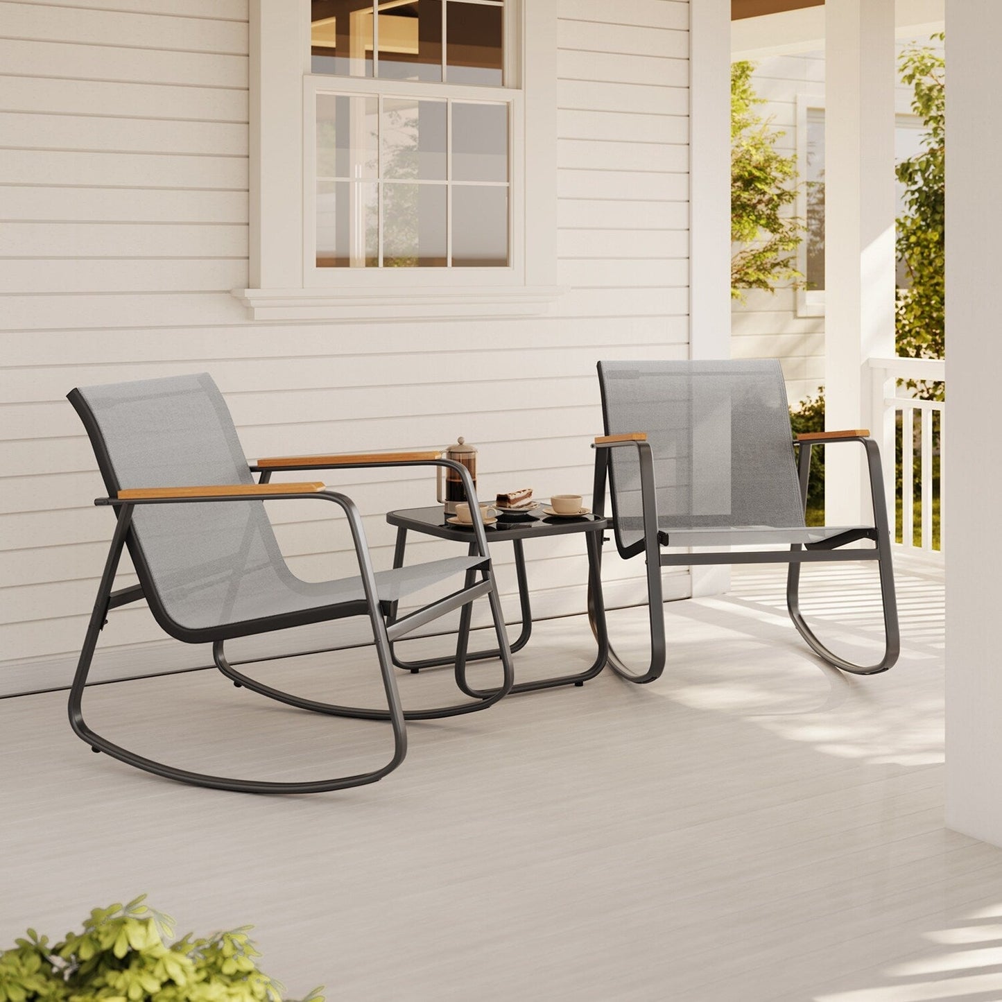 Ensemble bistrot à bascule 3 pièces, mobilier de jardin en tissu textilène, chaises à bascule pour porche