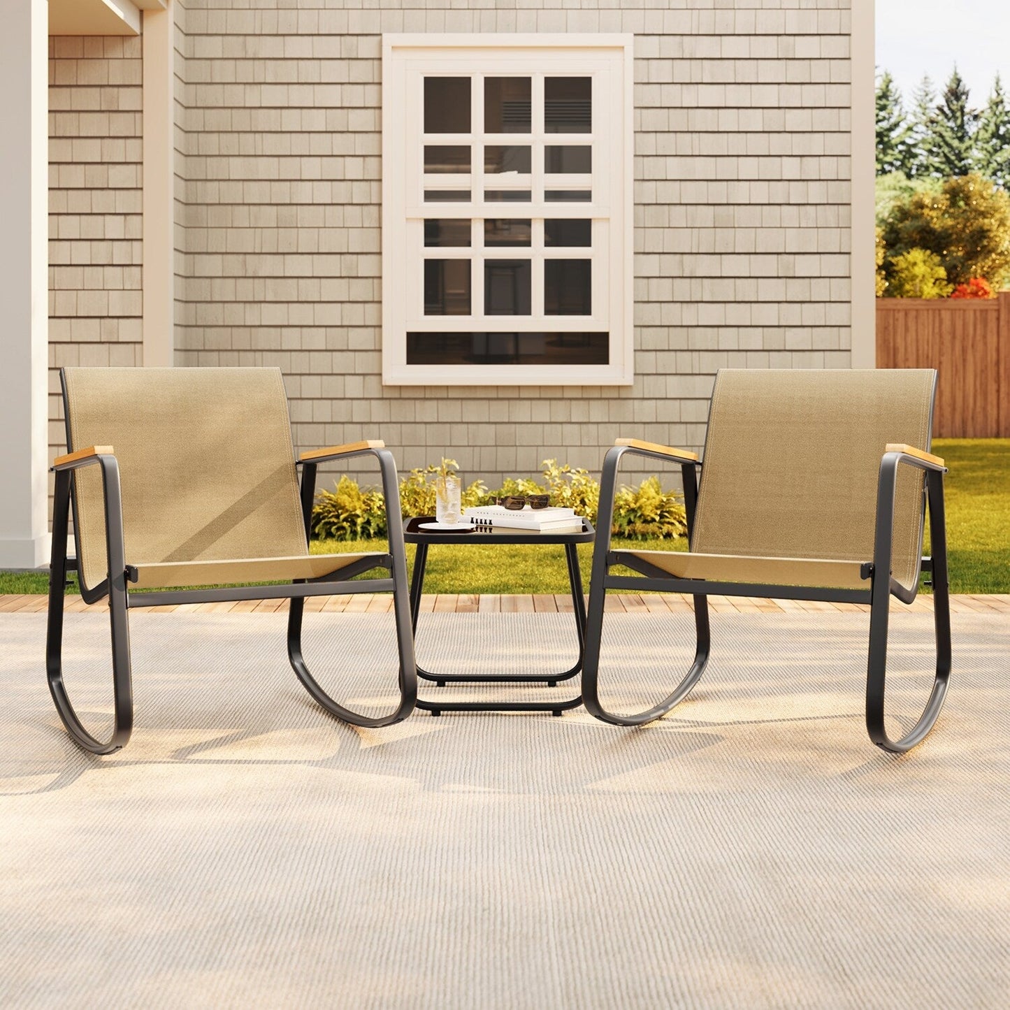 Ensemble bistrot à bascule 3 pièces, mobilier de jardin en tissu textilène, chaises à bascule pour porche