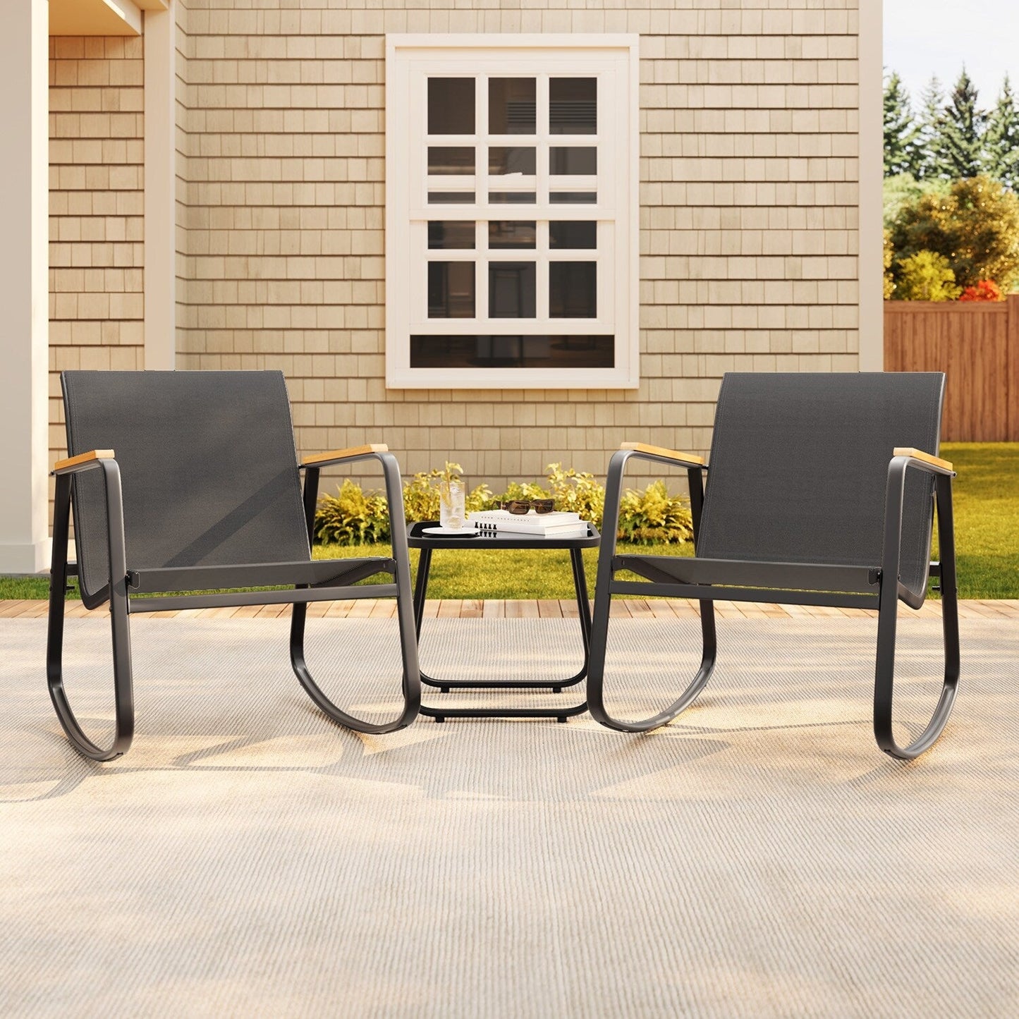 Ensemble bistrot à bascule 3 pièces, mobilier de jardin en tissu textilène, chaises à bascule pour porche