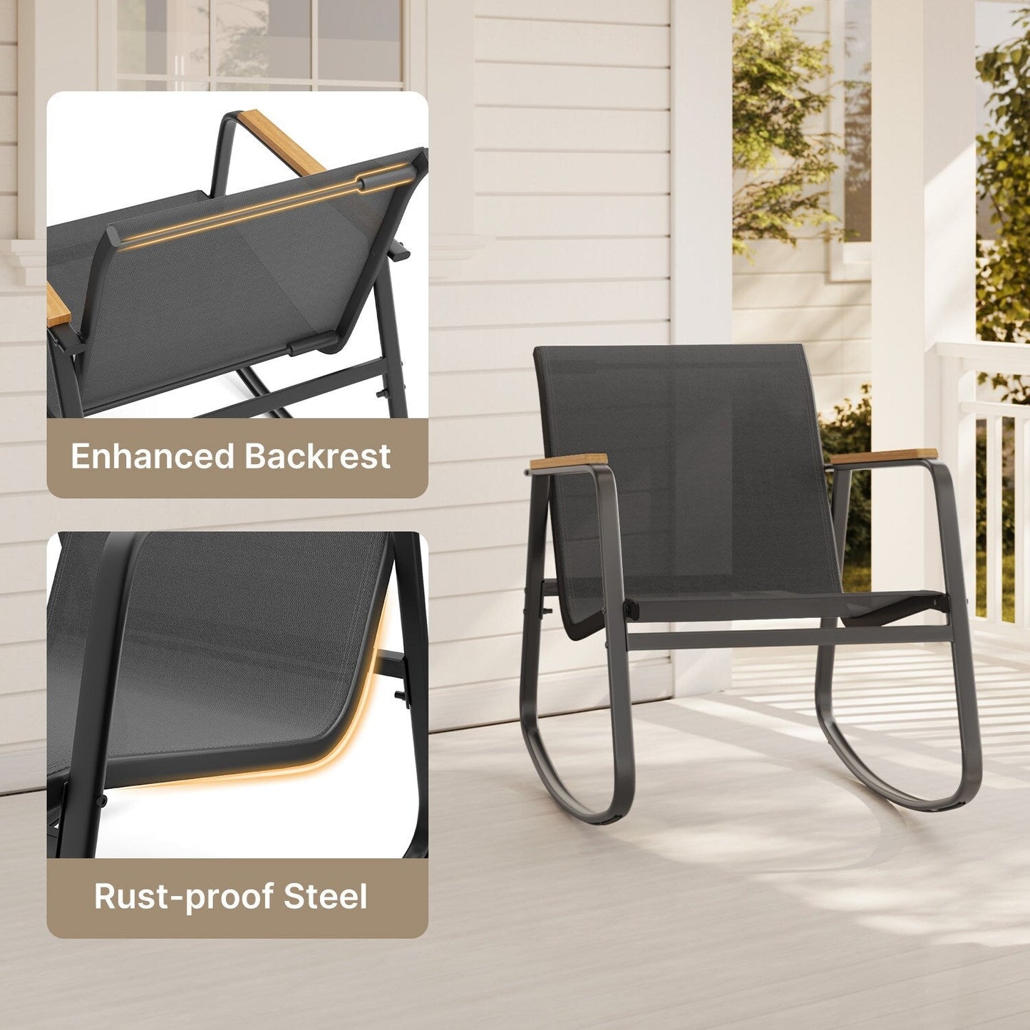 Ensemble bistrot à bascule 3 pièces, mobilier de jardin en tissu textilène, chaises à bascule pour porche