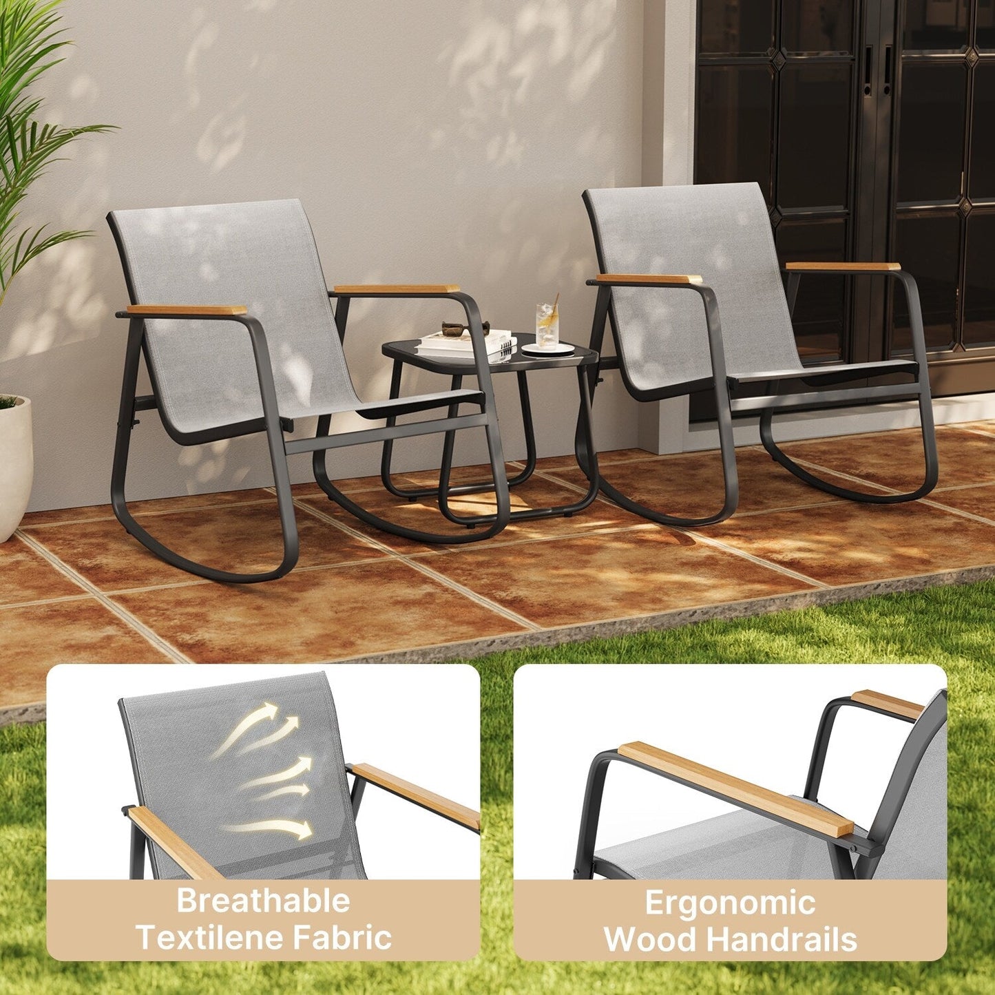 Ensemble bistrot à bascule 3 pièces, mobilier de jardin en tissu textilène, chaises à bascule pour porche