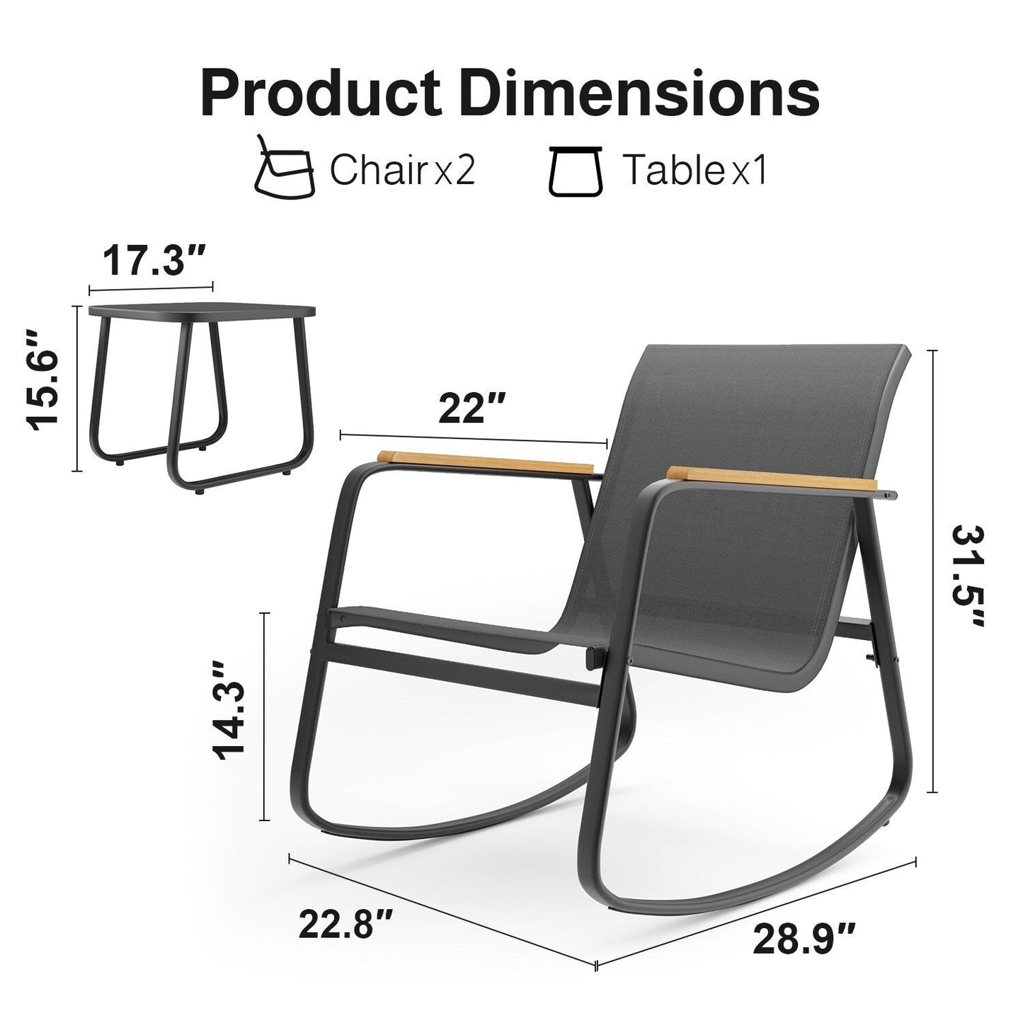 Ensemble bistrot à bascule 3 pièces, mobilier de jardin en tissu textilène, chaises à bascule pour porche