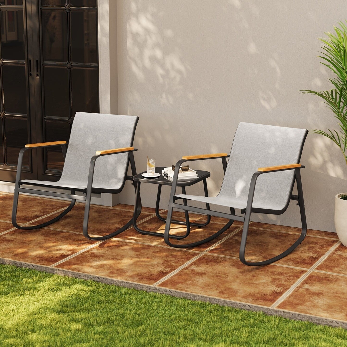 Ensemble bistrot à bascule 3 pièces, mobilier de jardin en tissu textilène, chaises à bascule pour porche