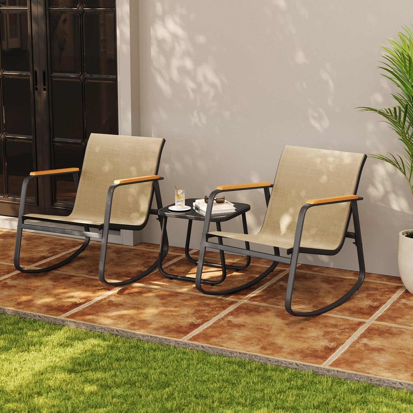 Ensemble bistrot à bascule 3 pièces, mobilier de jardin en tissu textilène, chaises à bascule pour porche