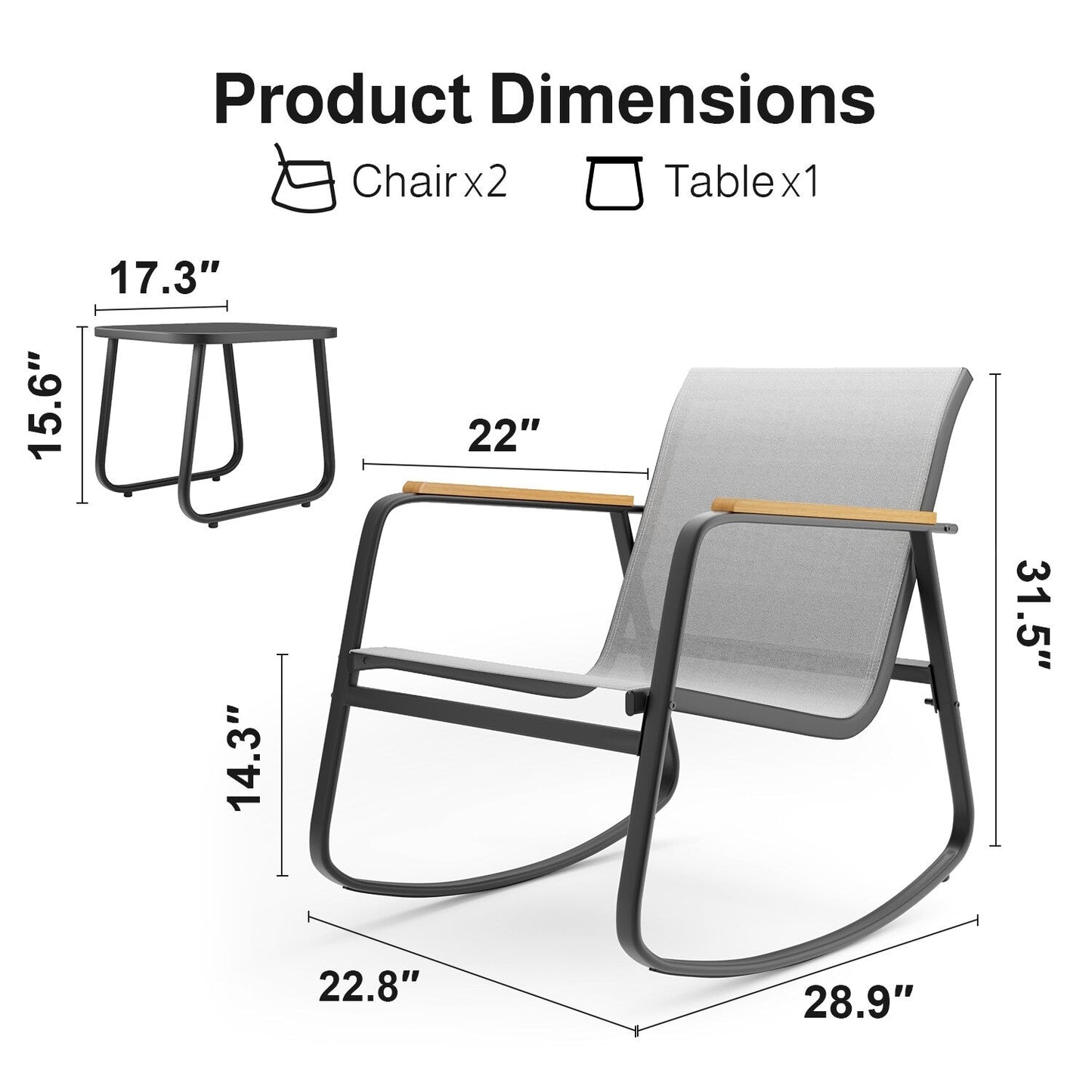 Ensemble bistrot à bascule 3 pièces, mobilier de jardin en tissu textilène, chaises à bascule pour porche