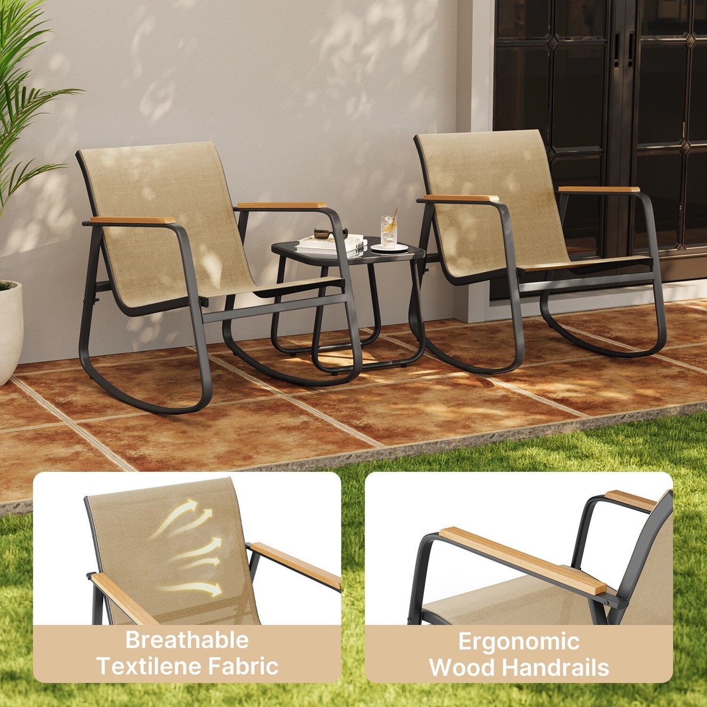 Ensemble bistrot à bascule 3 pièces, mobilier de jardin en tissu textilène, chaises à bascule pour porche