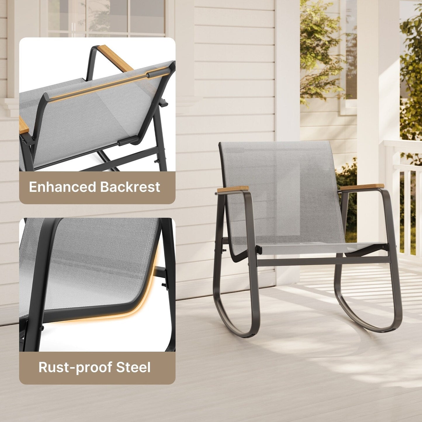 Ensemble bistrot à bascule 3 pièces, mobilier de jardin en tissu textilène, chaises à bascule pour porche
