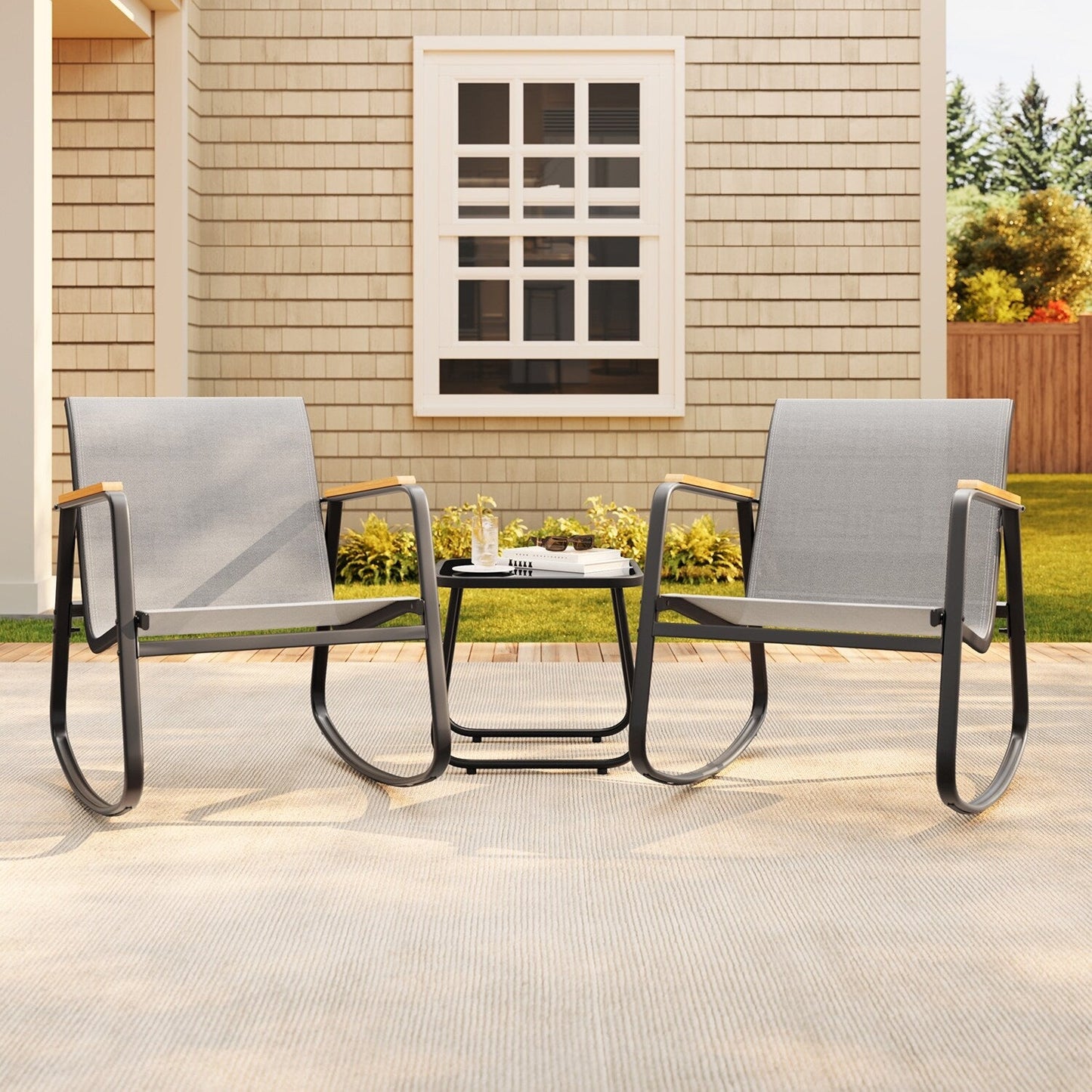 Ensemble bistrot à bascule 3 pièces, mobilier de jardin en tissu textilène, chaises à bascule pour porche