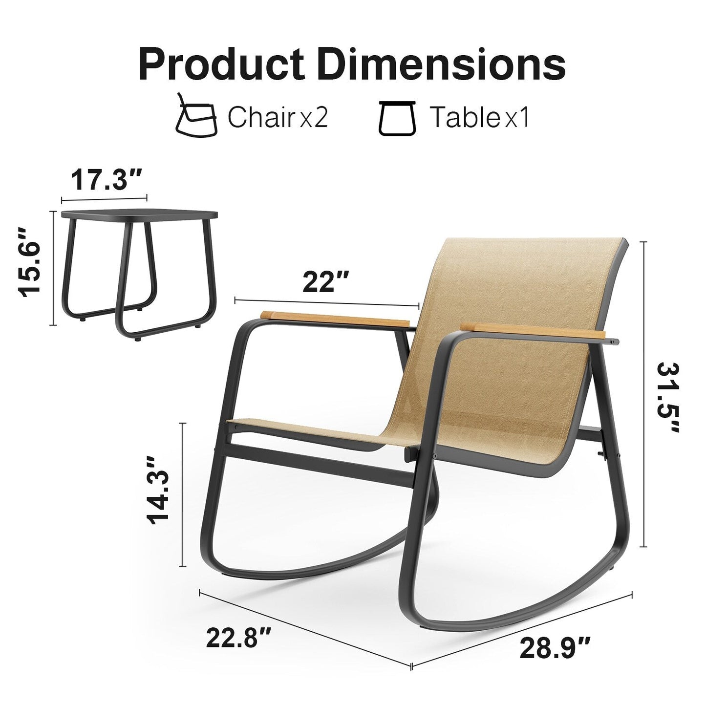 Ensemble bistrot à bascule 3 pièces, mobilier de jardin en tissu textilène, chaises à bascule pour porche
