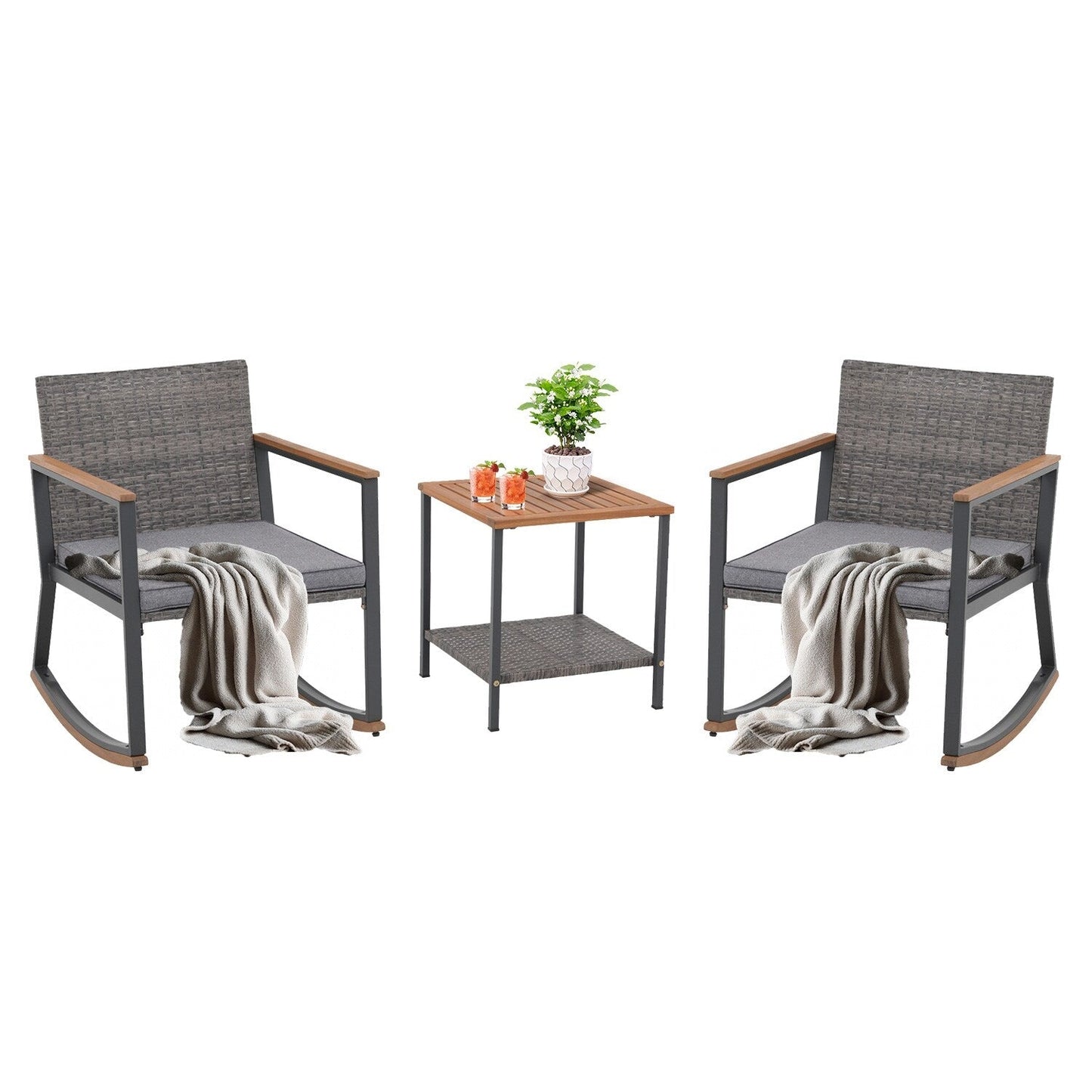Ensemble de 3 chaises à bascule pour patio, bistro, balcon, conversation, avec table basse et coussins