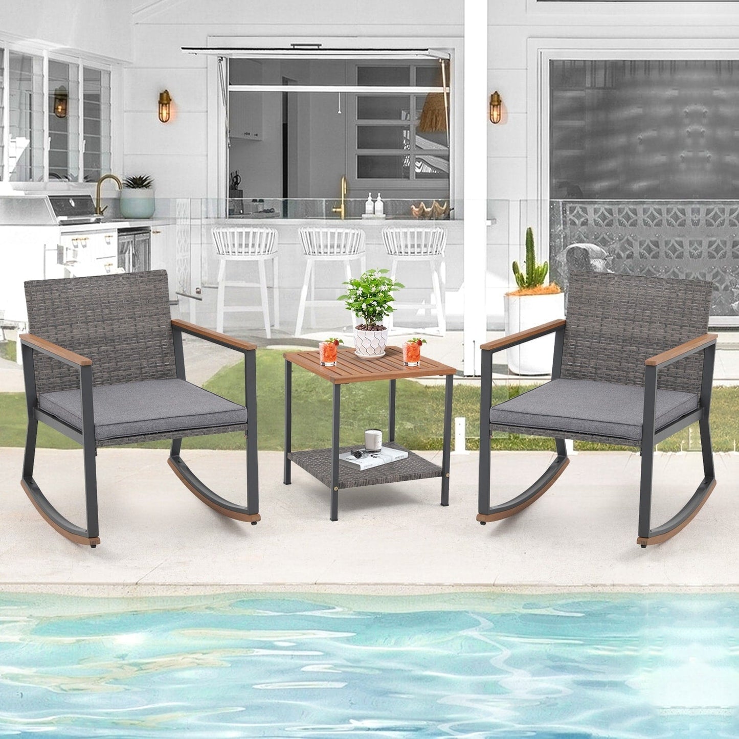 Ensemble de 3 chaises à bascule pour patio, bistro, balcon, conversation, avec table basse et coussins