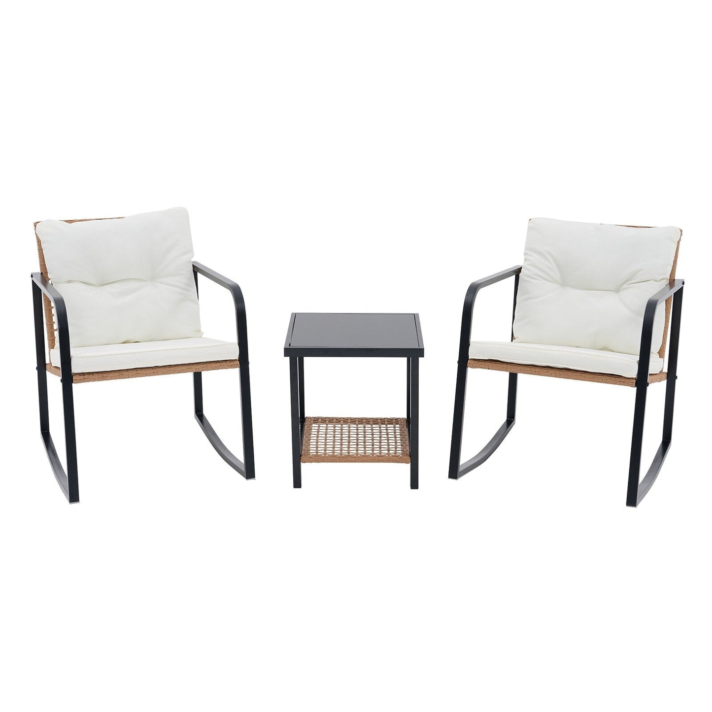 Ensemble de 3 chaises à bascule pour patio, bistro, balcon, conversation, avec table basse et coussins