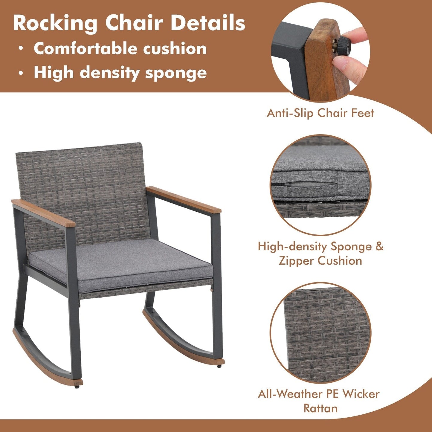 Ensemble de 3 chaises à bascule pour patio, bistro, balcon, conversation, avec table basse et coussins