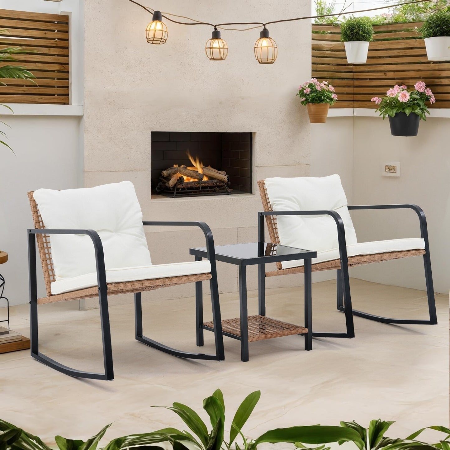 Ensemble de 3 chaises à bascule pour patio, bistro, balcon, conversation, avec table basse et coussins