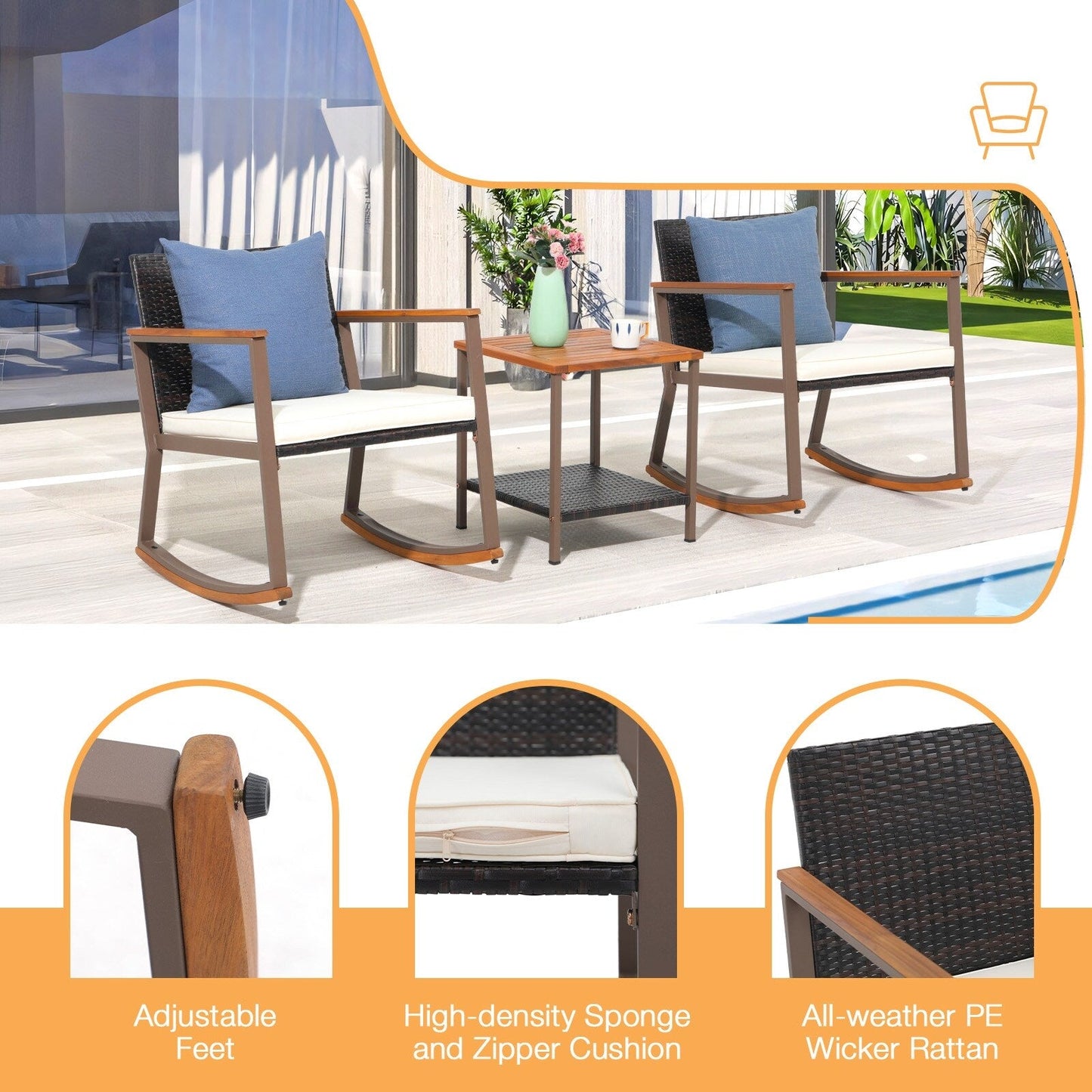 Ensemble de 3 chaises à bascule pour patio, bistro, balcon, conversation, avec table basse et coussins