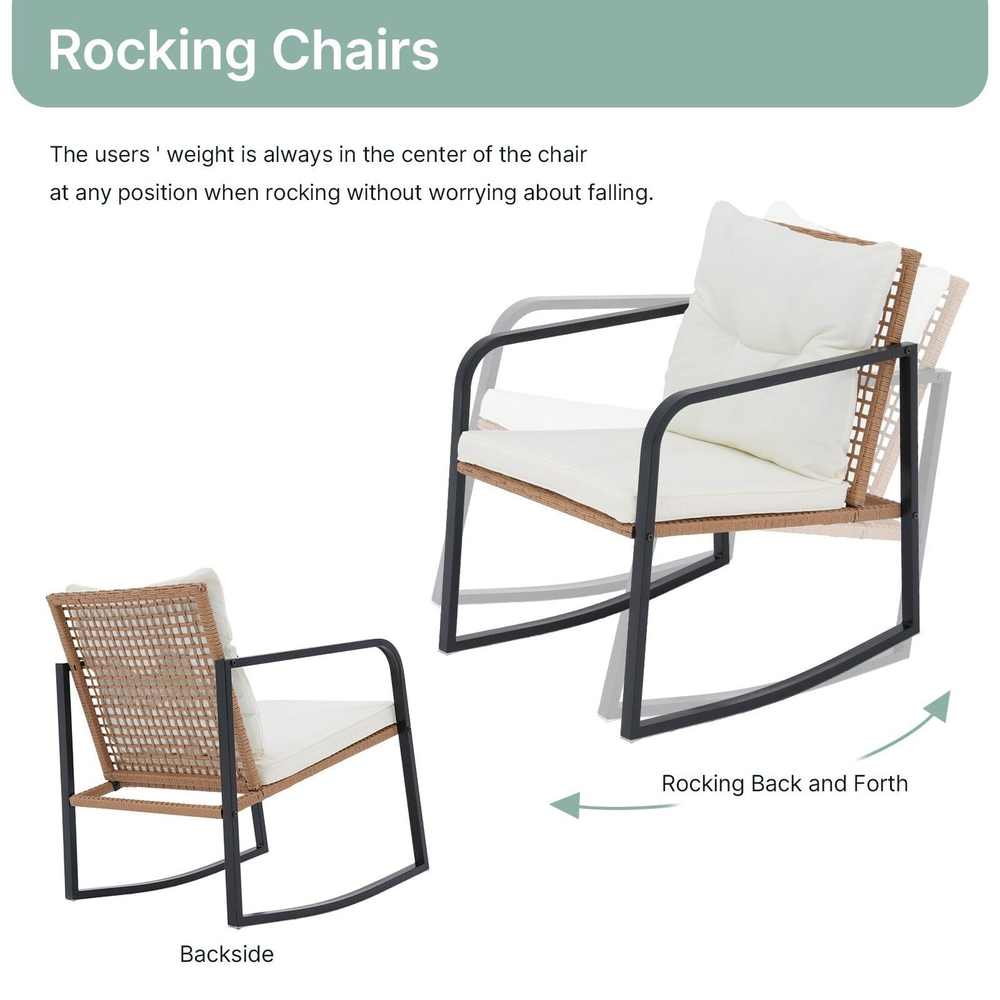 Ensemble de 3 chaises à bascule pour patio, bistro, balcon, conversation, avec table basse et coussins