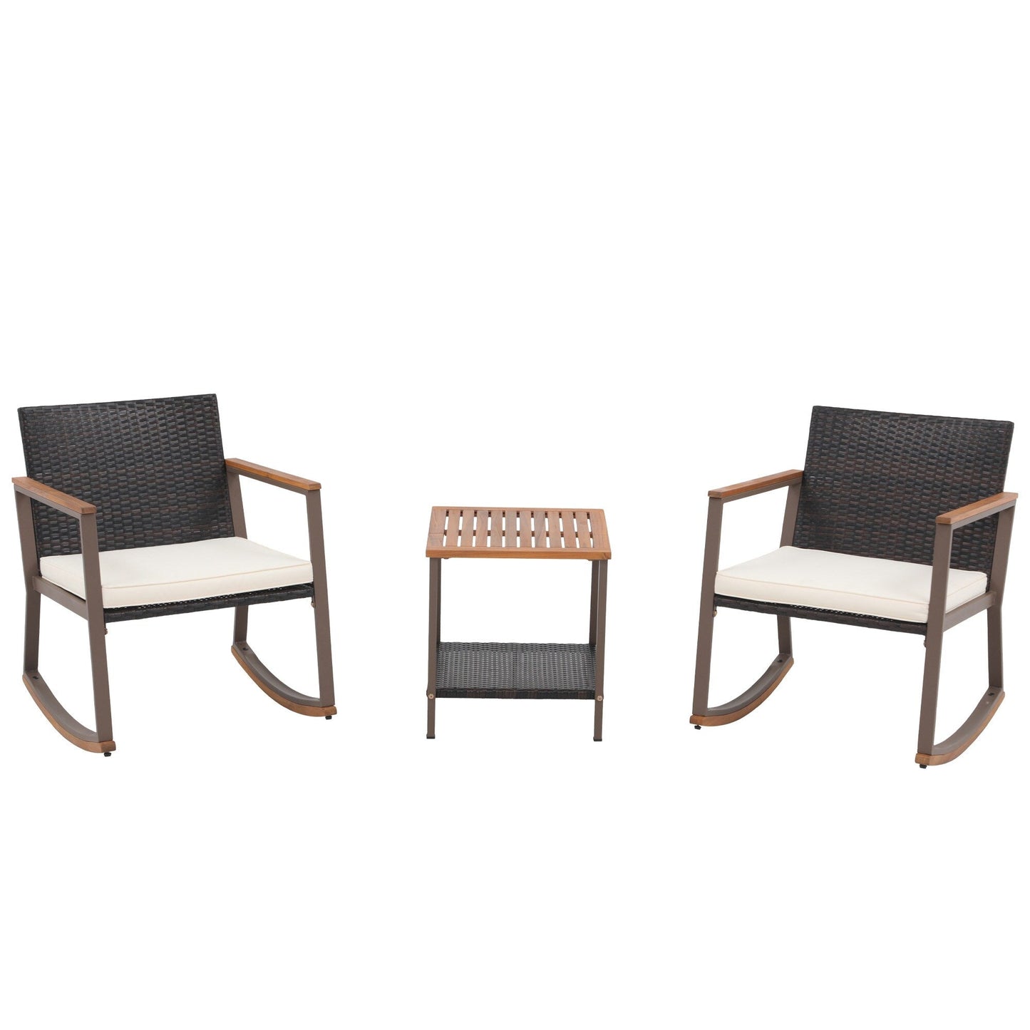 Ensemble de 3 chaises à bascule pour patio, bistro, balcon, conversation, avec table basse et coussins