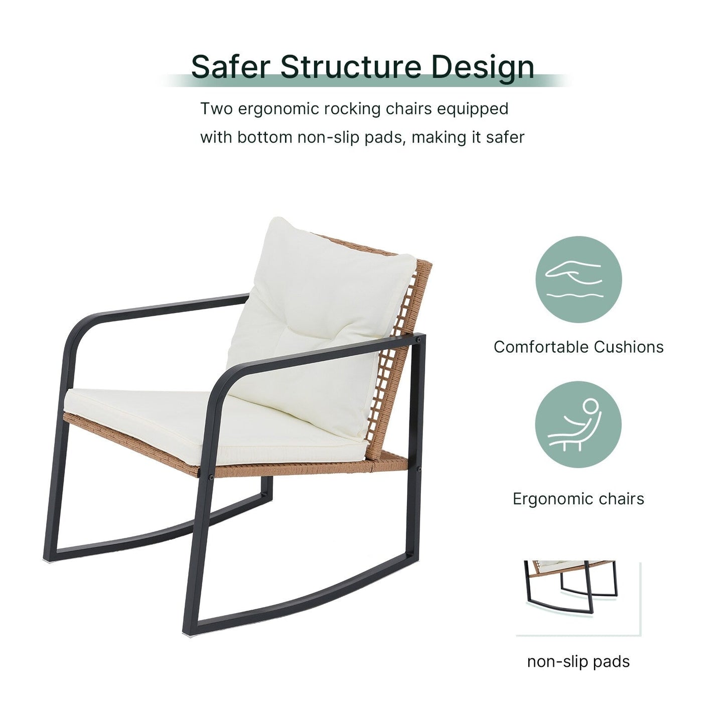 Ensemble de 3 chaises à bascule pour patio, bistro, balcon, conversation, avec table basse et coussins