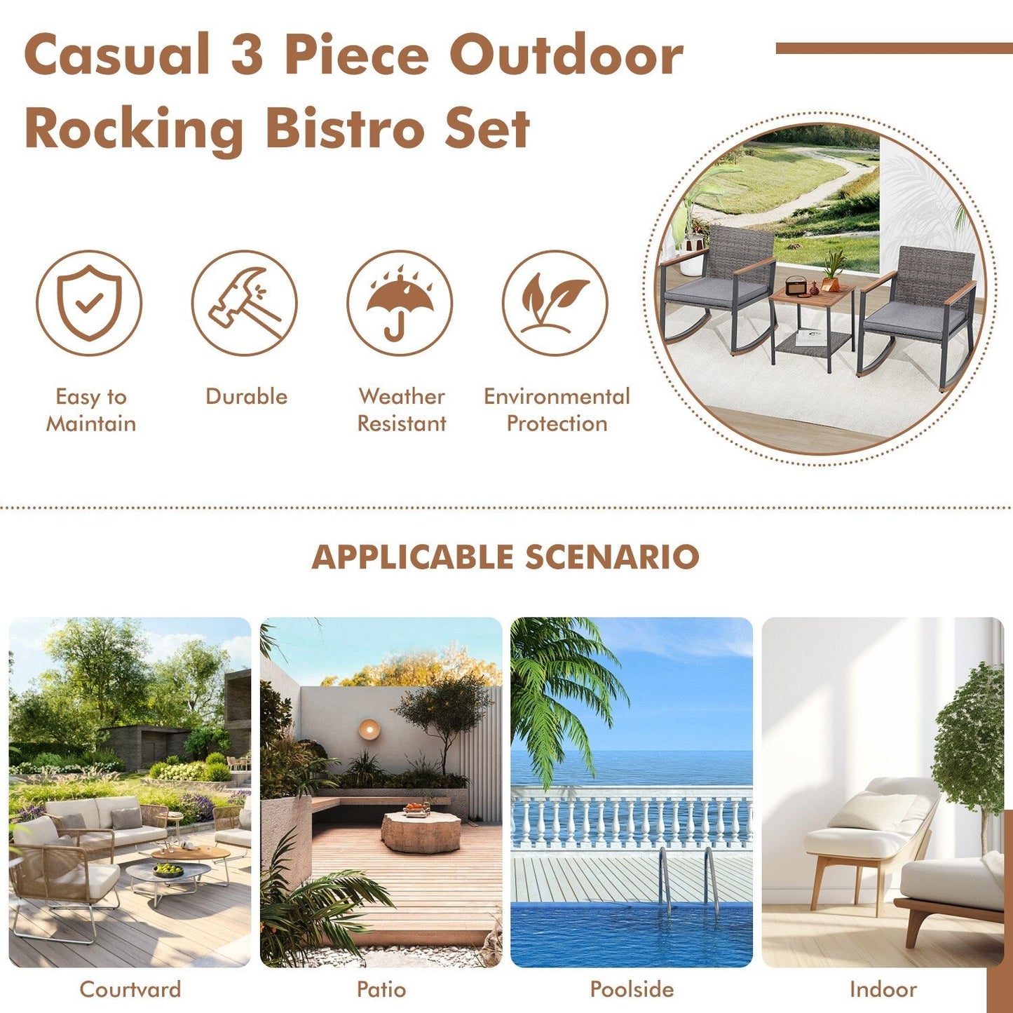 Ensemble de 3 chaises à bascule pour patio, bistro, balcon, conversation, avec table basse et coussins